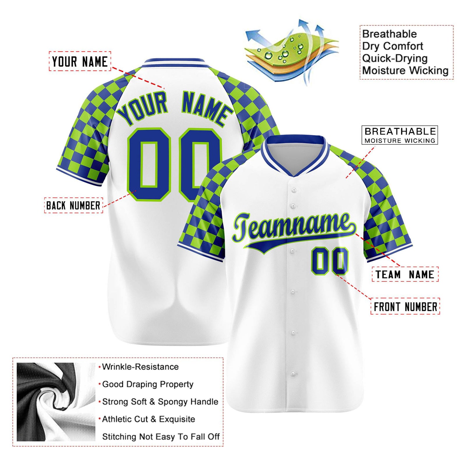 Custom White Neon Green-Royal Blue Authentic Plaid sleeve Baseball Jersey