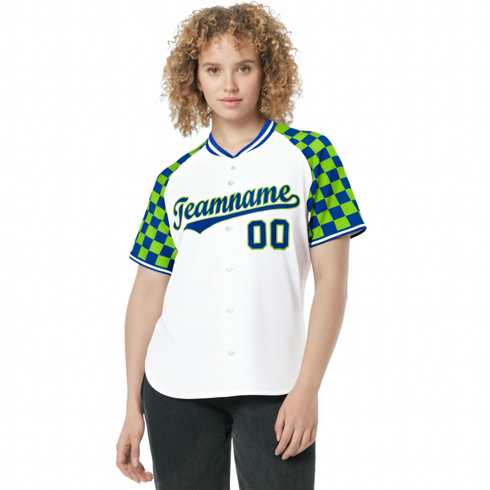 Custom White Neon Green-Royal Blue Authentic Plaid sleeve Baseball Jersey
