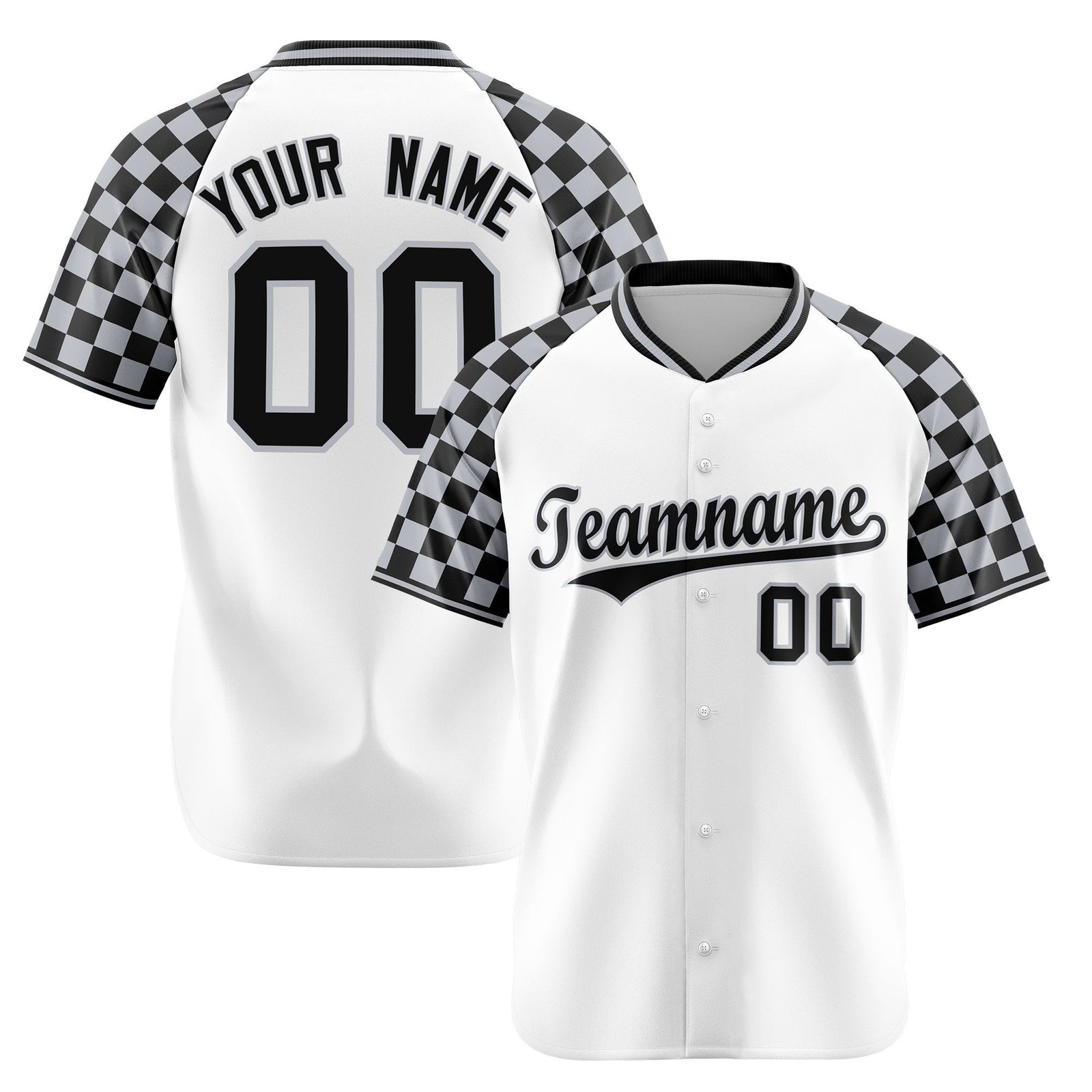 Custom White Gray-Black Authentic Plaid sleeve Baseball Jersey