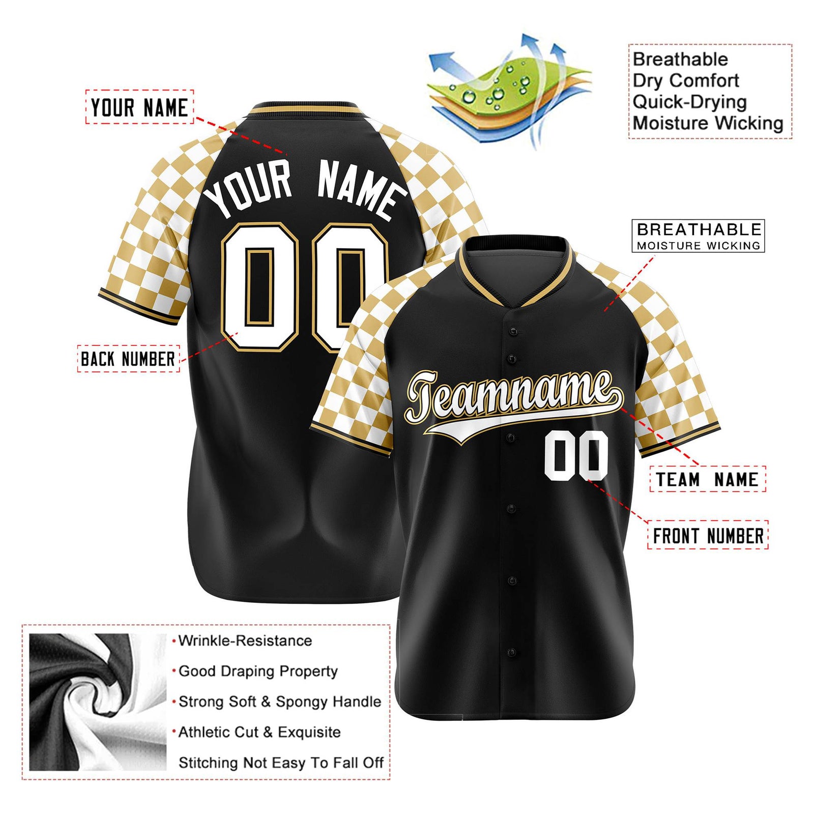 Custom Black Old Gold-White Authentic Plaid Sleeve Baseball Jersey