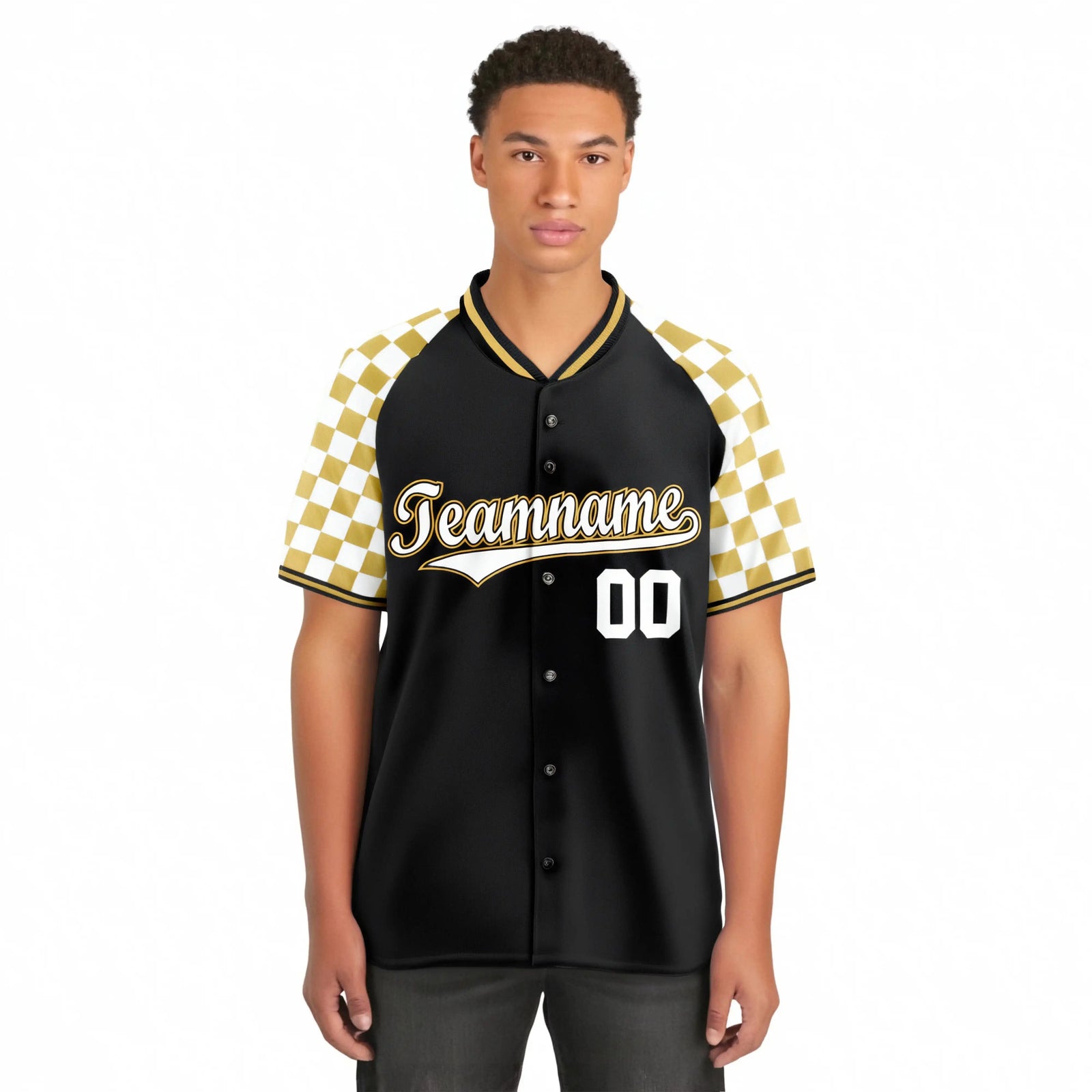 Custom Black Old Gold-White Authentic Plaid Sleeve Baseball Jersey