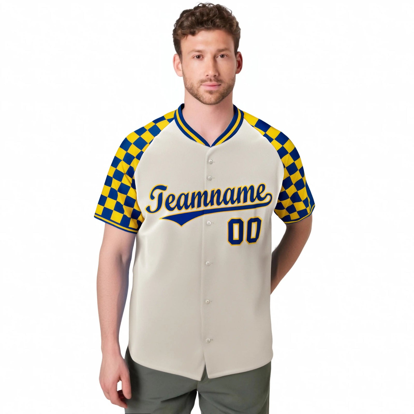 Custom Khaki Royal Blue-Gold Authentic Plaid Sleeve Baseball Jersey