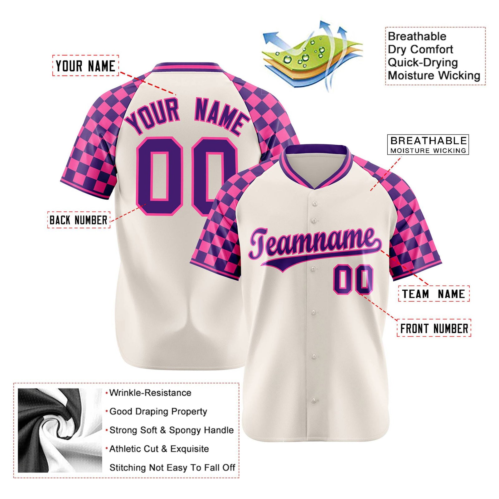 Custom Khaki Purple-Pink Authentic Plaid Sleeve Baseball Jersey