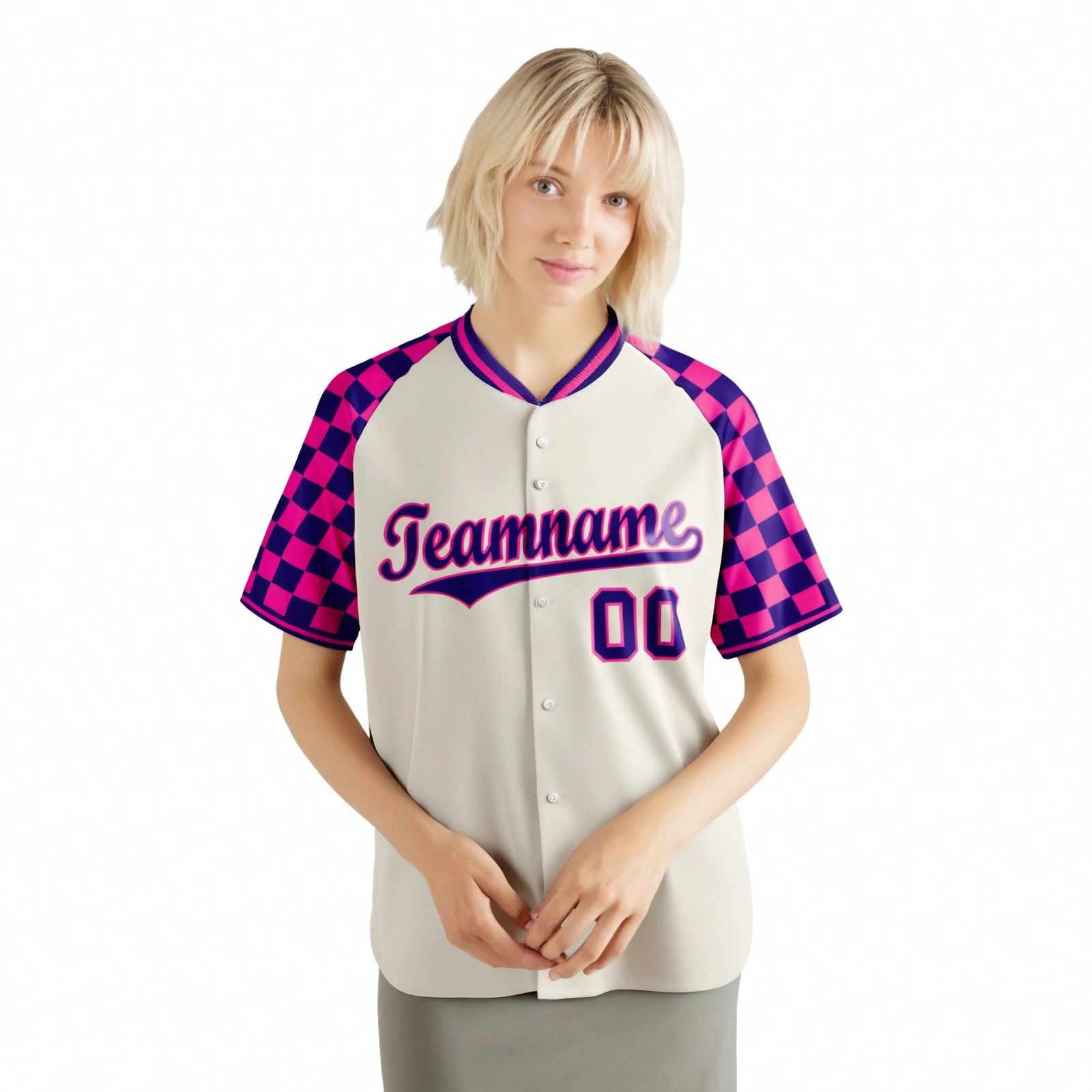 Custom Khaki Purple-Pink Authentic Plaid Sleeve Baseball Jersey