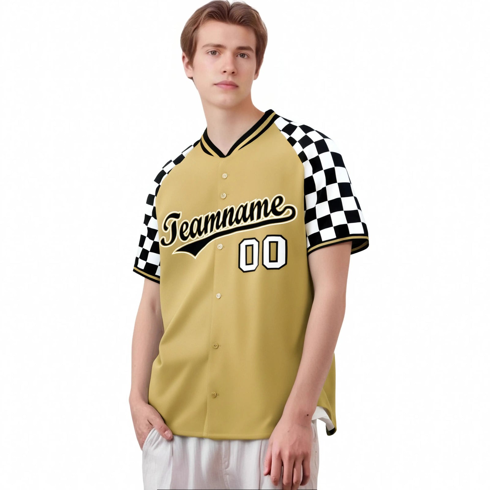 Custom Old Gold Black-White Authentic Plaid Sleeve Baseball Jersey