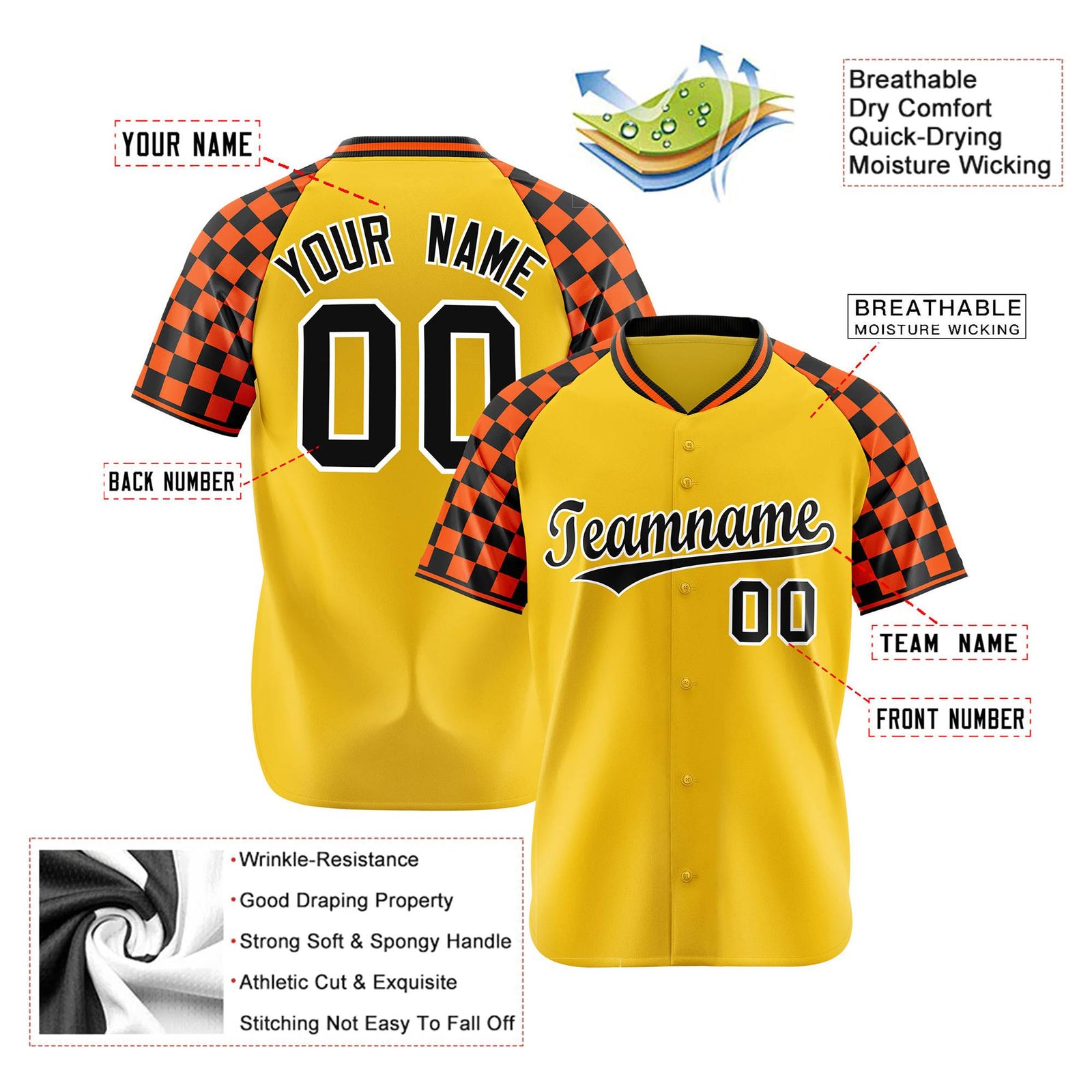 Custom Gold Black-Orange Authentic Plaid Sleeve Baseball Jersey