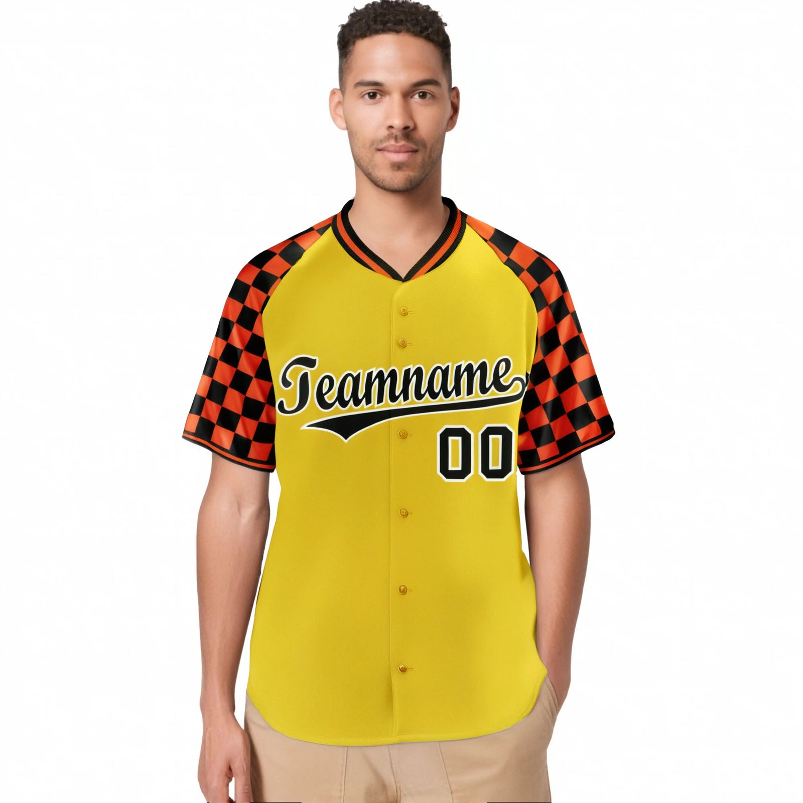 Custom Gold Black-Orange Authentic Plaid Sleeve Baseball Jersey