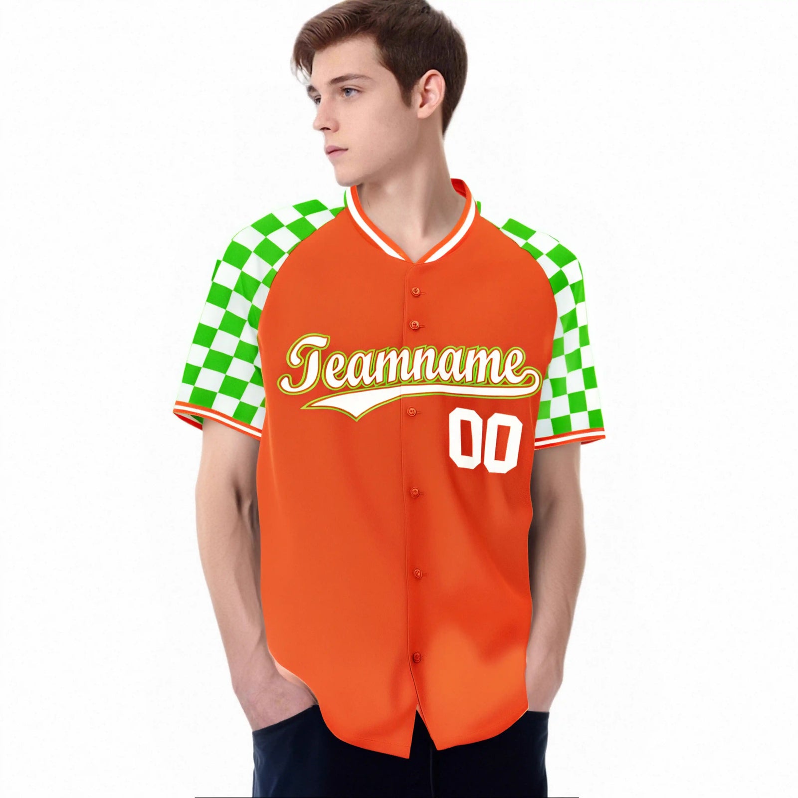 Custom Orange White-Neon Green Authentic Plaid Sleeve Baseball Jersey