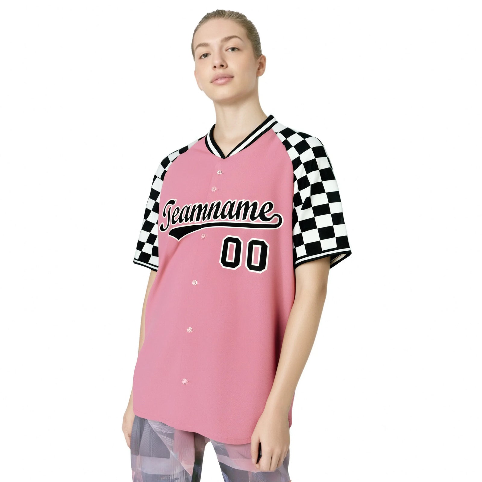 Custom Light Pink Black-White Authentic Plaid Sleeve Baseball Jersey