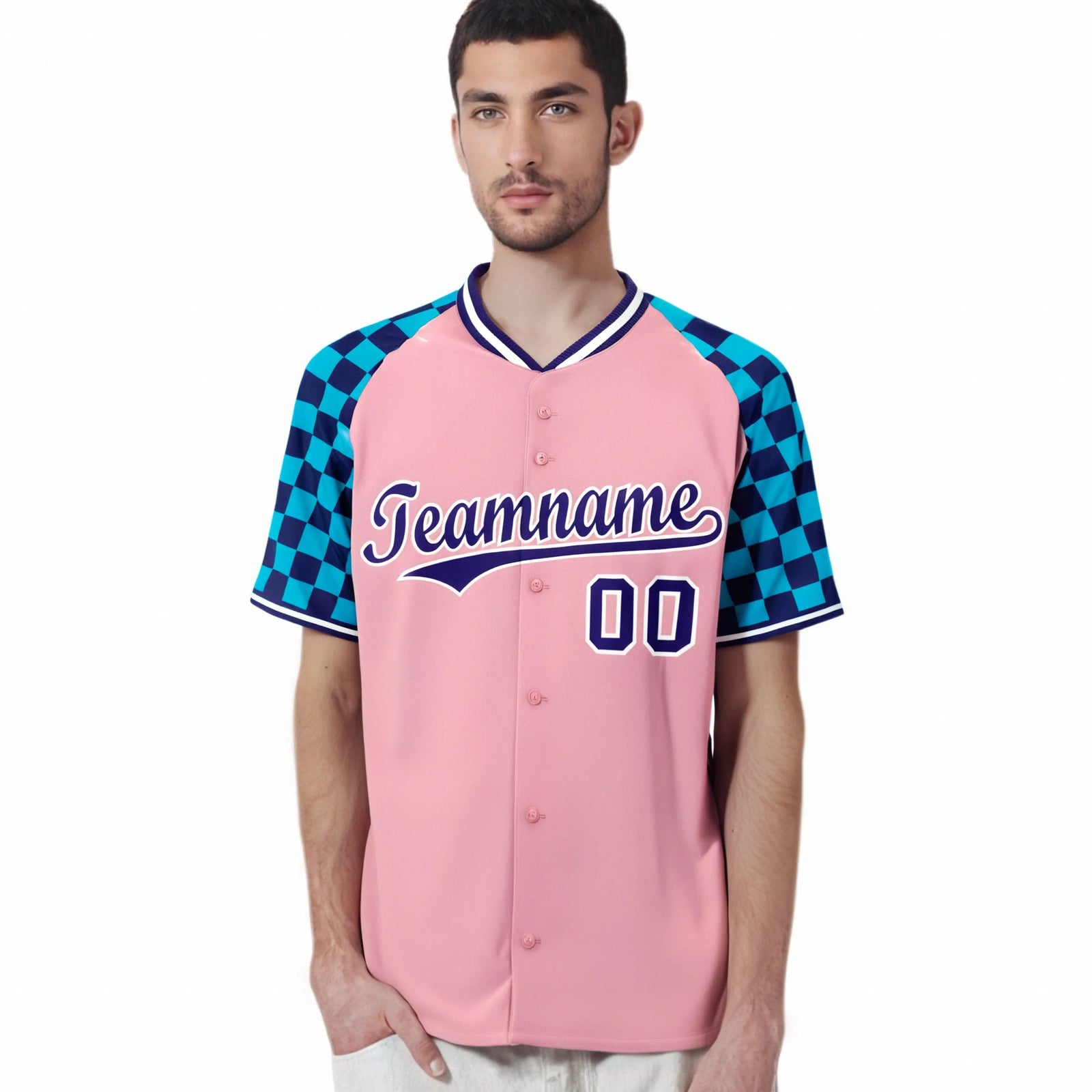 Custom Light Pink Purple-Sky Blue Authentic Plaid Sleeve Baseball Jersey