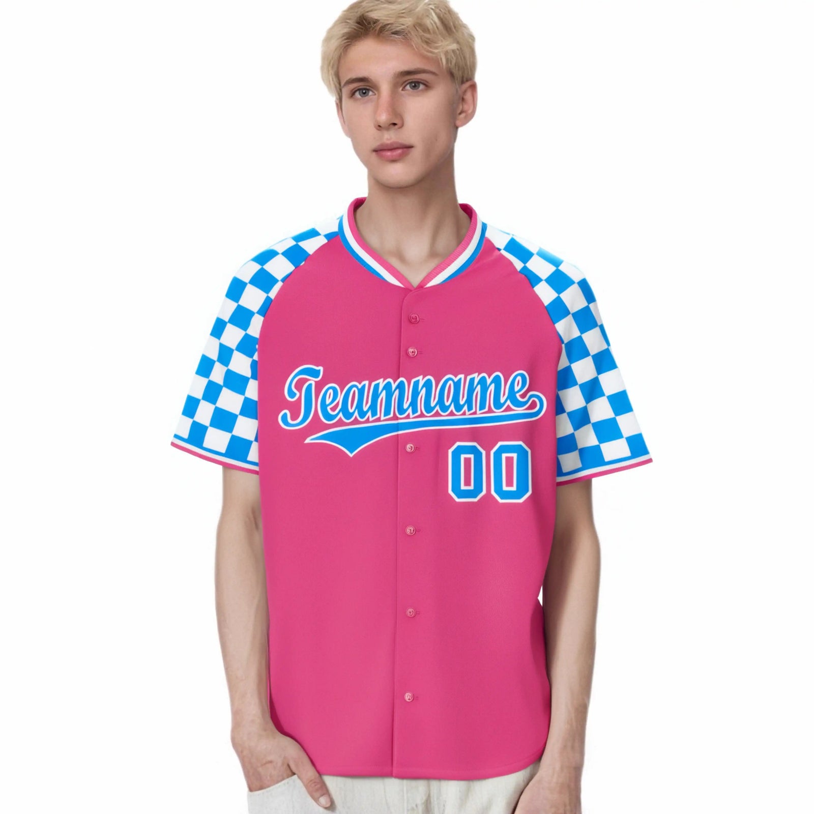 Custom Pink Powder Blue-White Authentic Plaid Sleeve Baseball Jersey