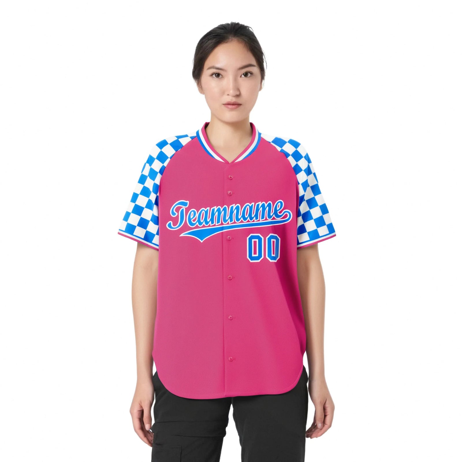Custom Pink Powder Blue-White Authentic Plaid Sleeve Baseball Jersey