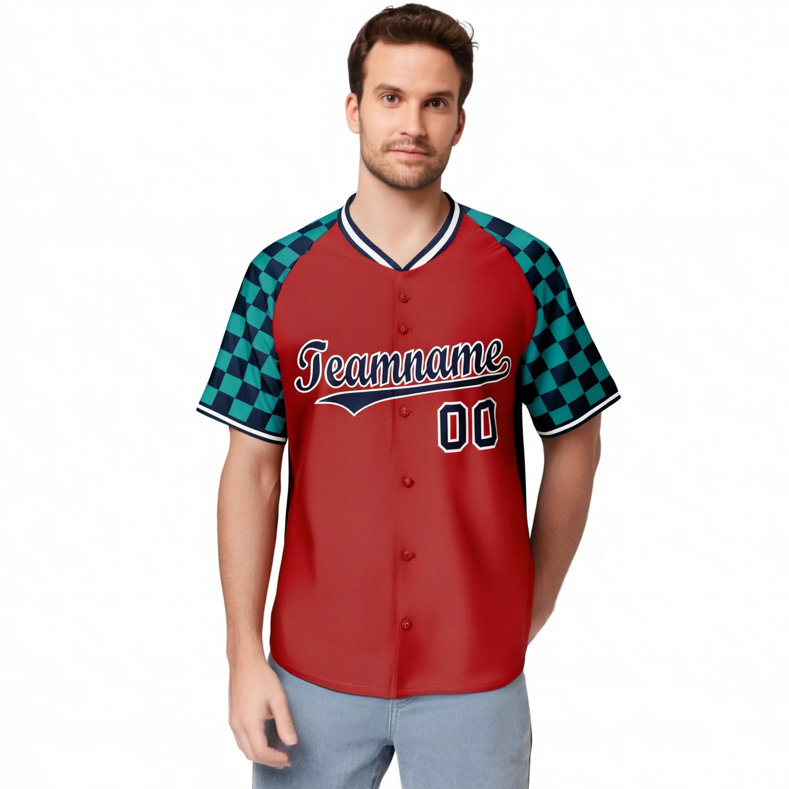Custom Red Navy-Aqua Authentic Plaid Sleeve Baseball Jersey