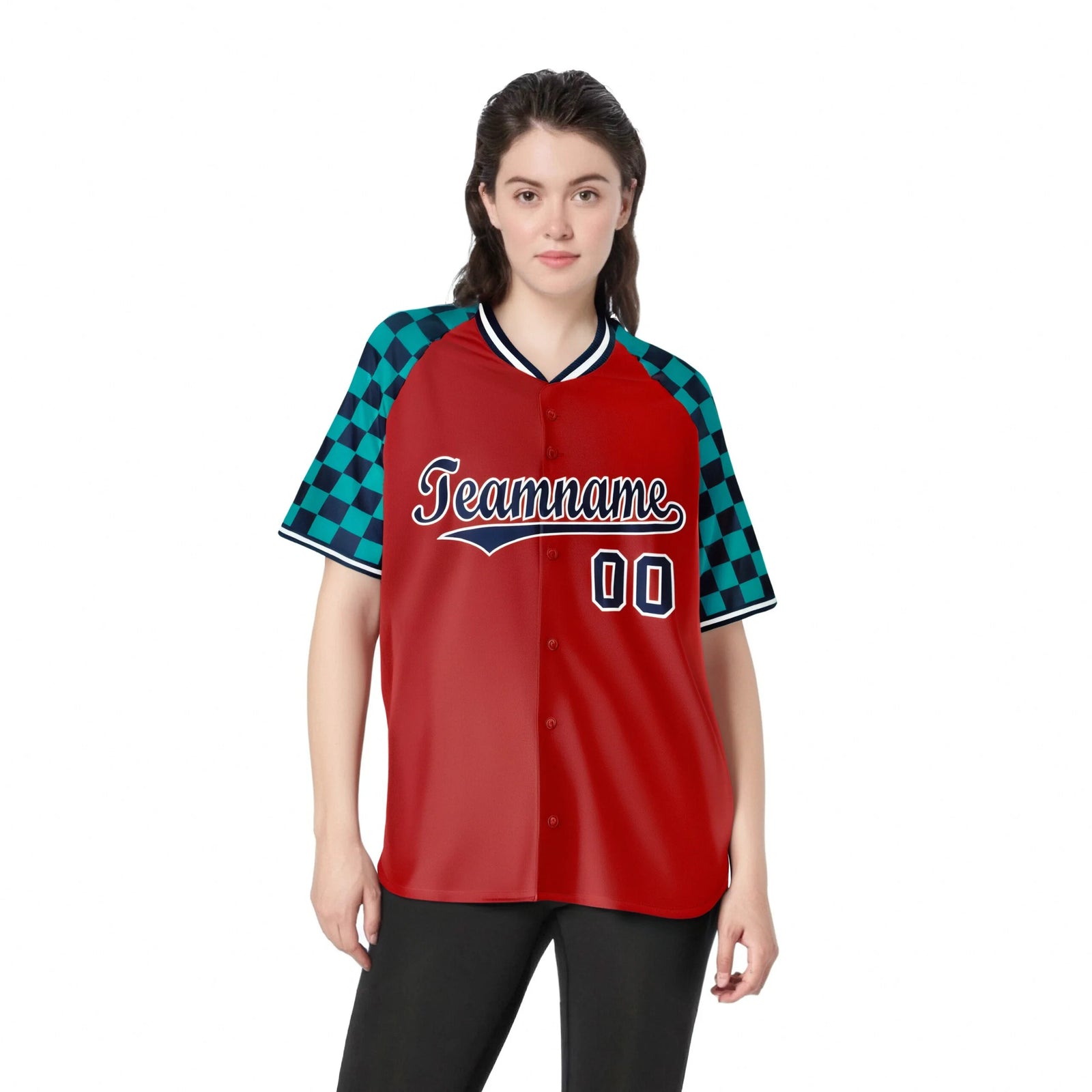 Custom Red Navy-Aqua Authentic Plaid Sleeve Baseball Jersey