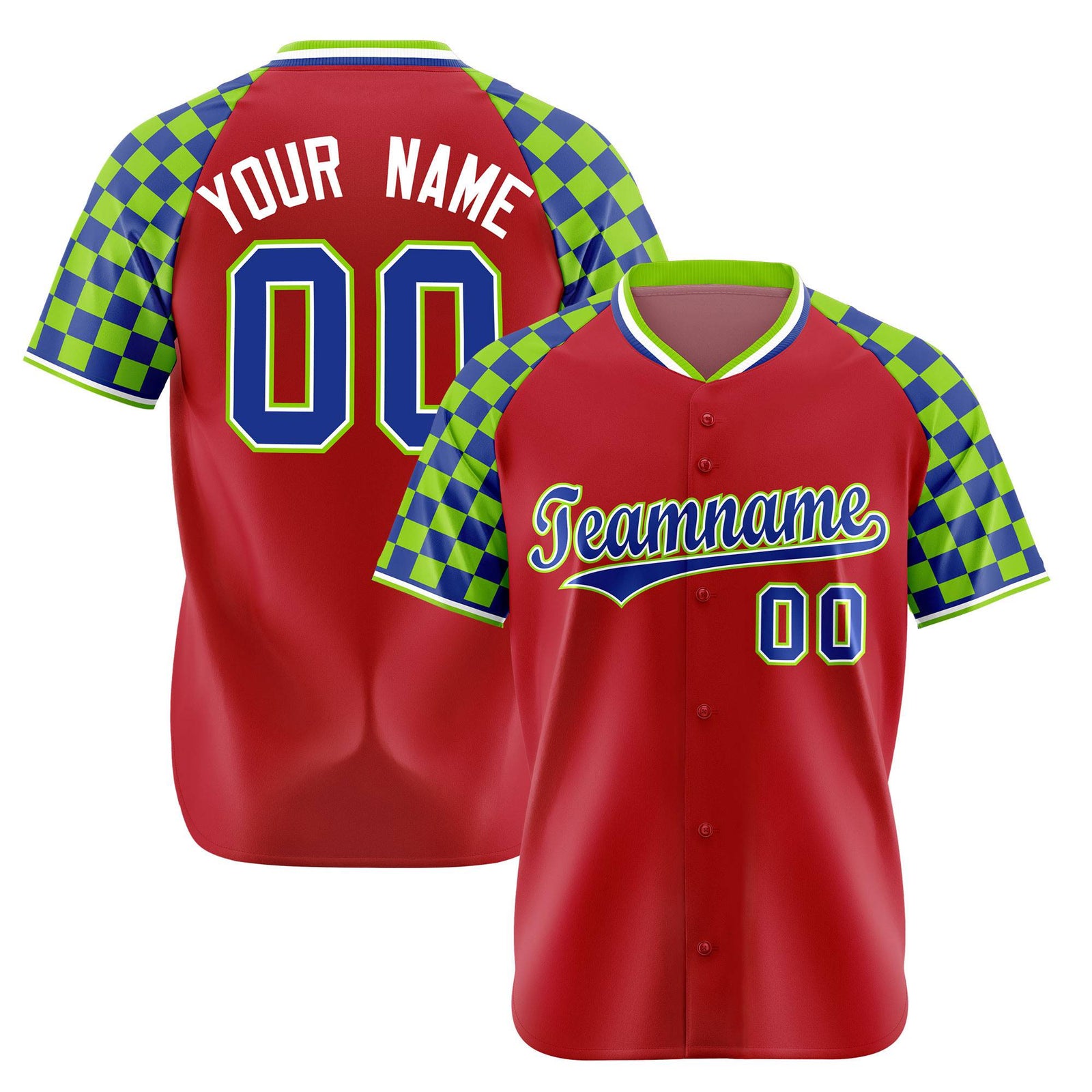 Custom Red Royal Blue-Neon Green Authentic Plaid Sleeve Baseball Jersey