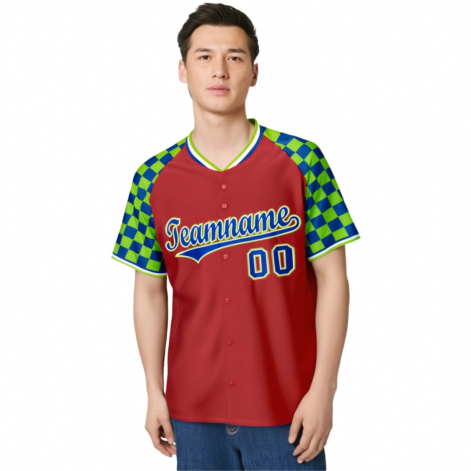 Custom Red Royal Blue-Neon Green Authentic Plaid Sleeve Baseball Jersey