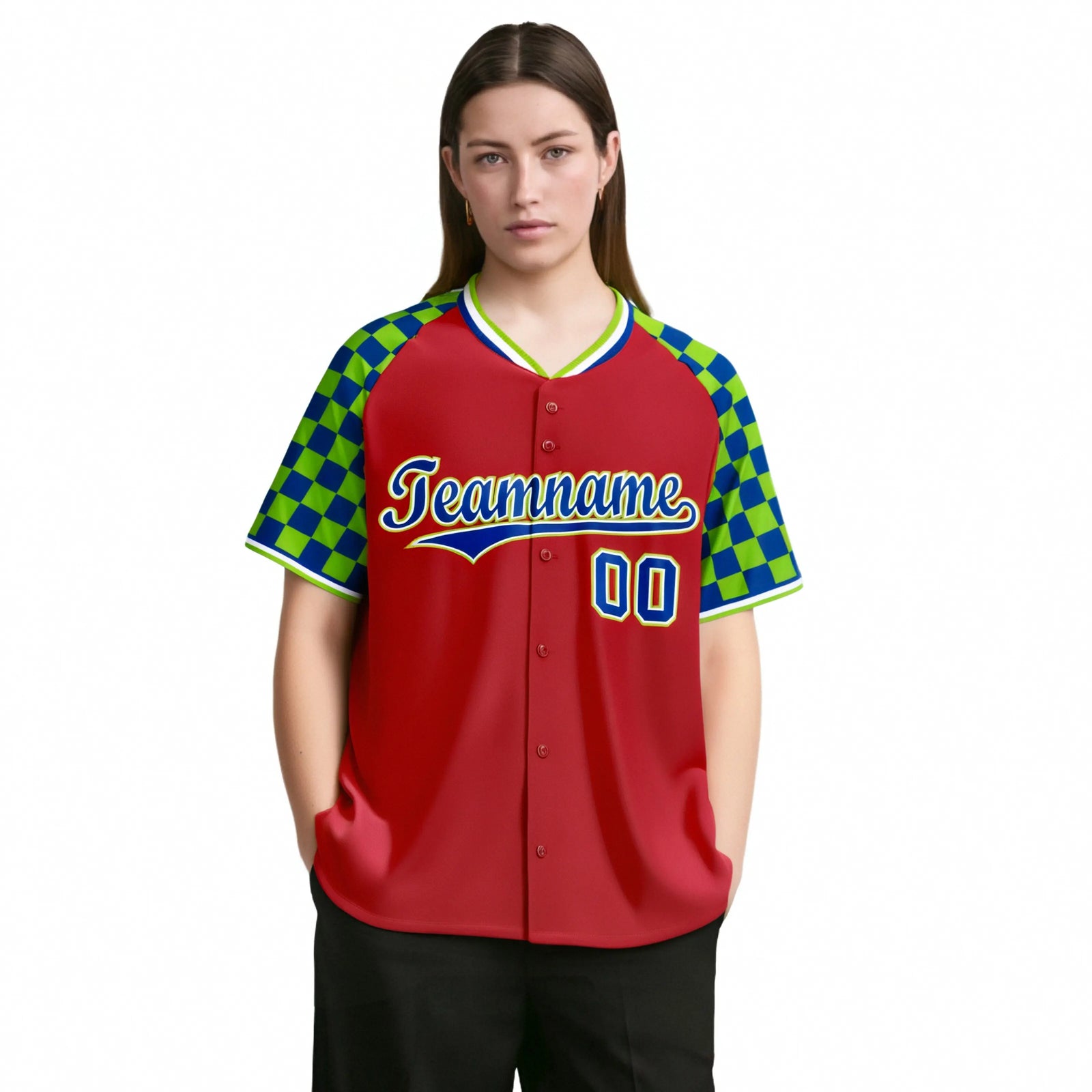 Custom Red Royal Blue-Neon Green Authentic Plaid Sleeve Baseball Jersey