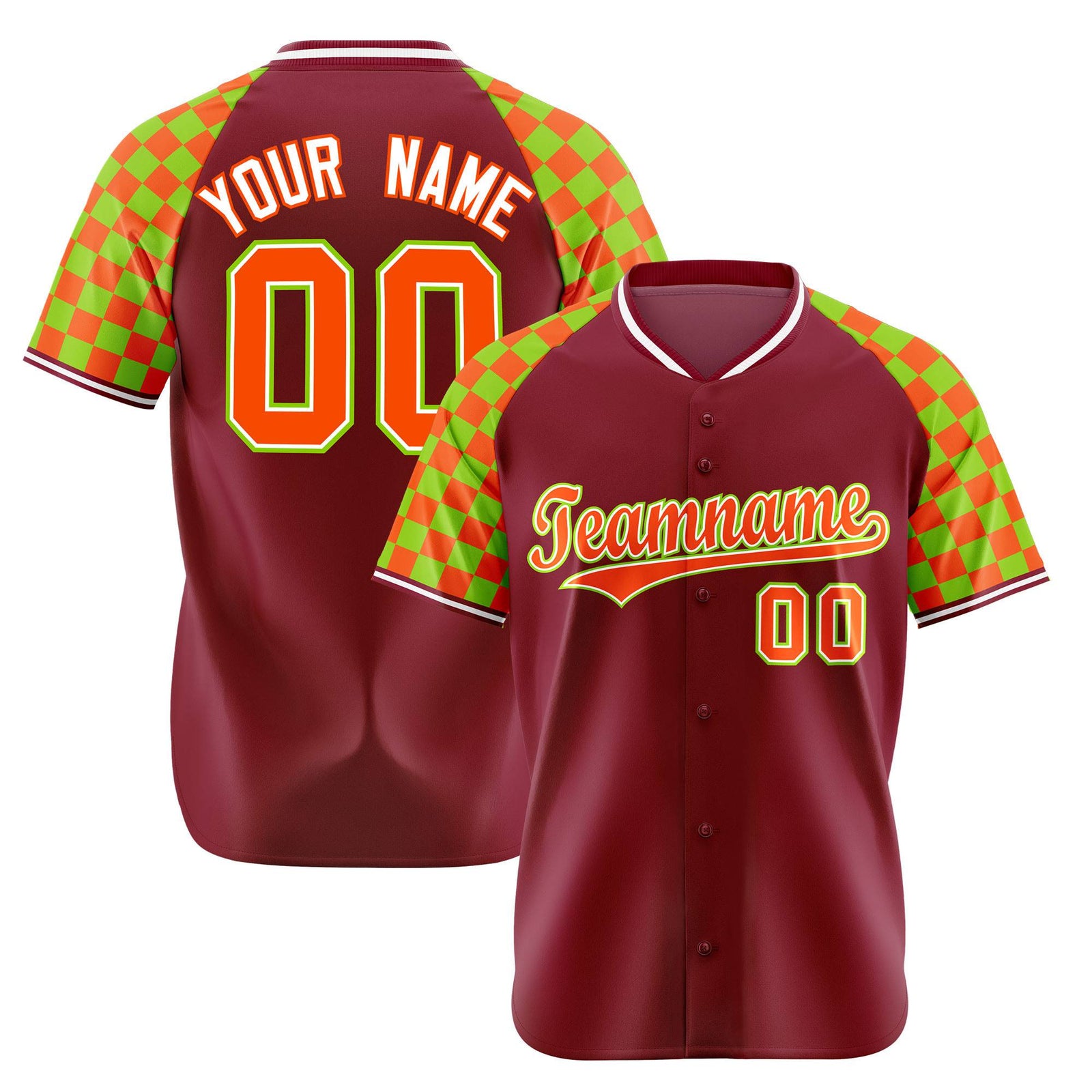 Custom Crimson Orange-Neon Green Authentic Plaid Sleeve Baseball Jersey