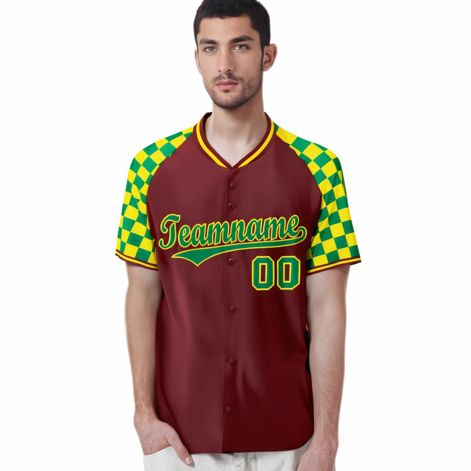 Custom Crimson Kelly Green-Gold Authentic Plaid Sleeve Baseball Jersey