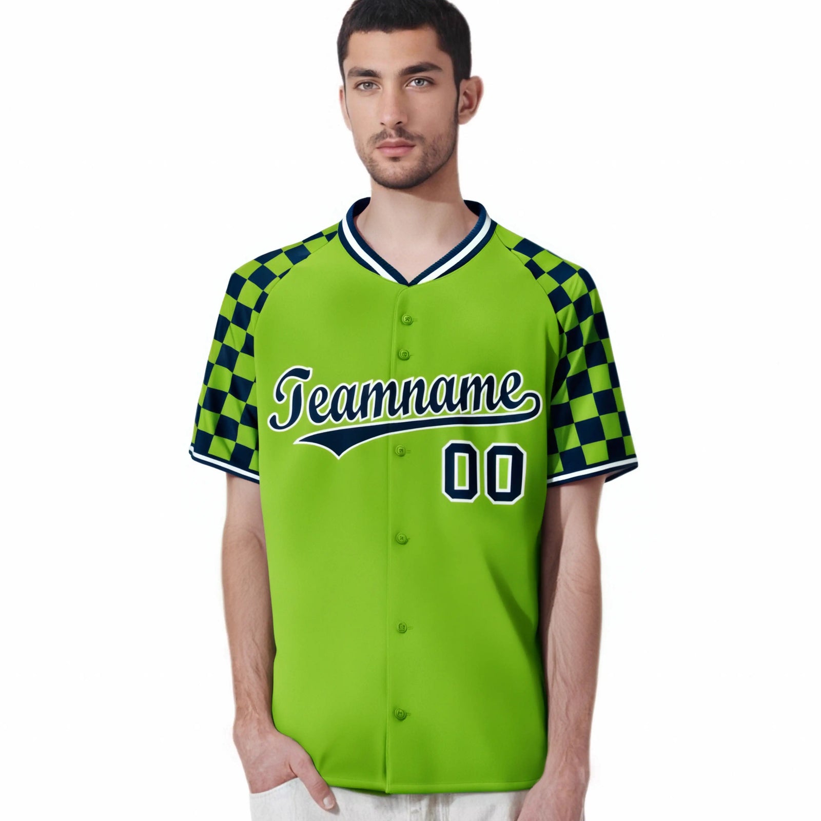 Custom Neon Green Navy-White Authentic Plaid Sleeve Baseball Jersey