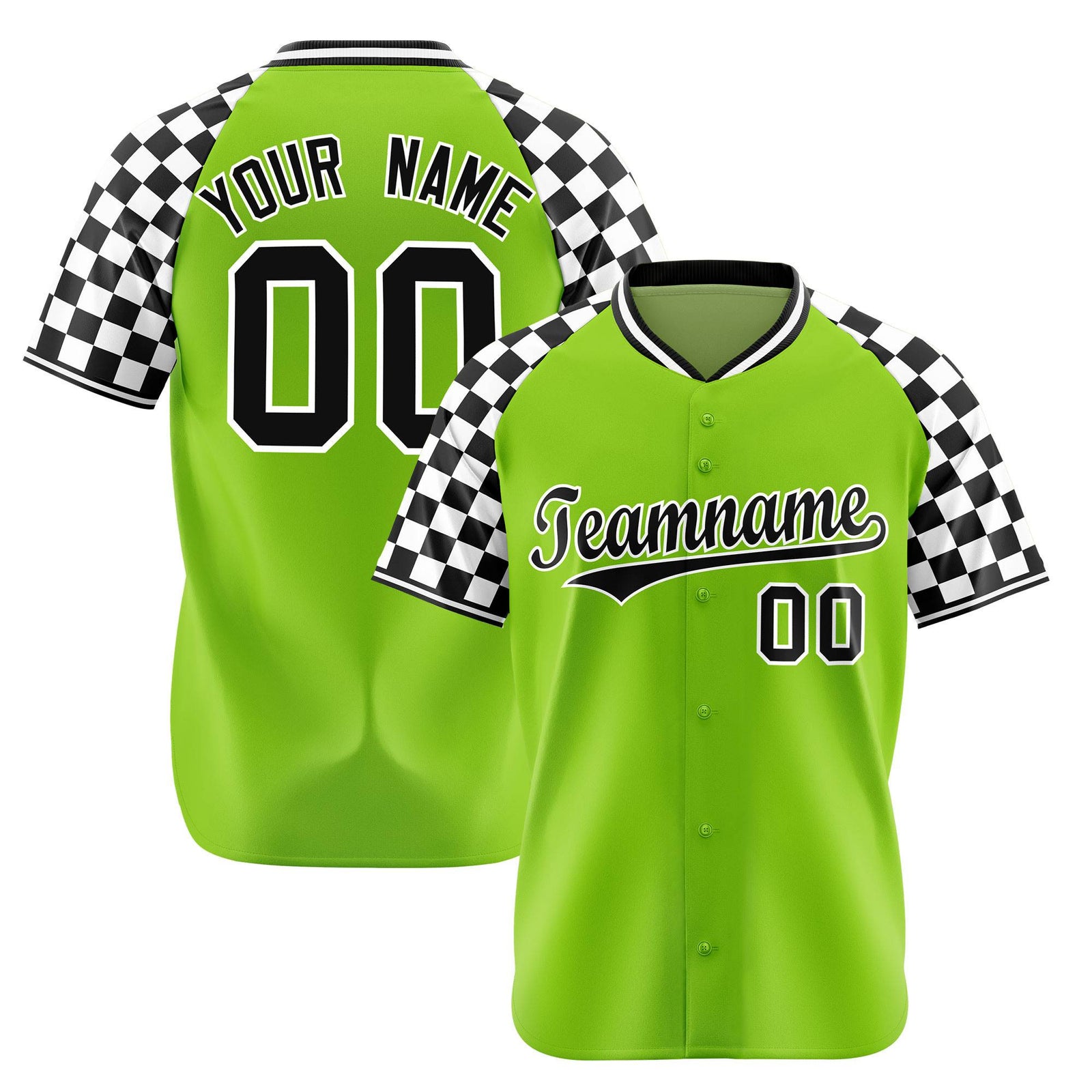 Custom Neon Green Black-White Authentic Plaid Sleeve Baseball Jersey