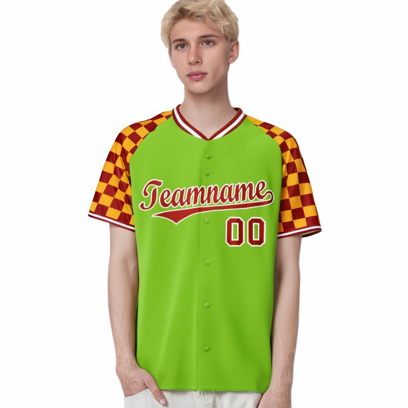 Custom Neon Green Red-Gold Authentic Plaid Sleeve Baseball Jersey