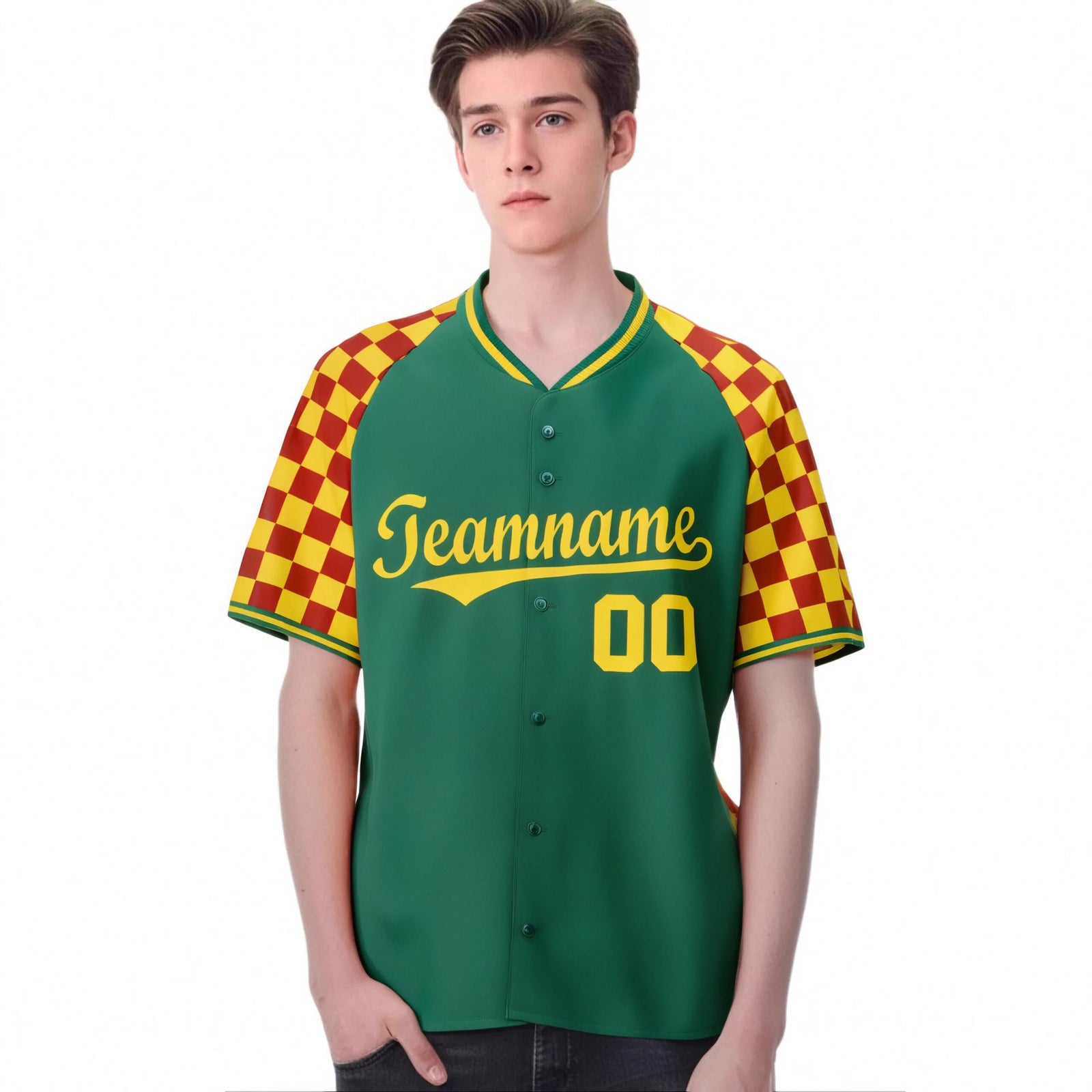 Custom Kelly Green Gold-Red Authentic Plaid Sleeve Baseball Jersey