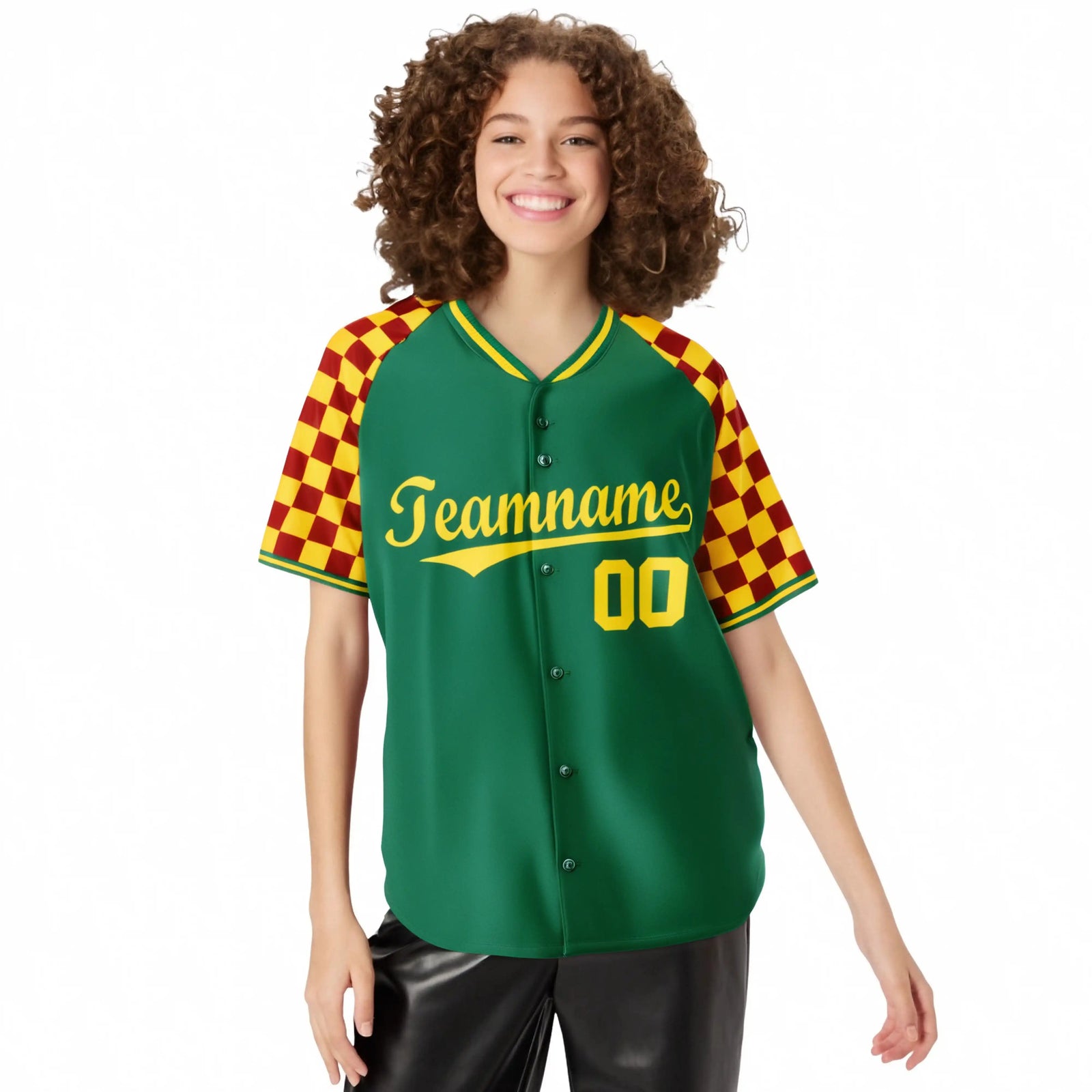 Custom Kelly Green Gold-Red Authentic Plaid Sleeve Baseball Jersey