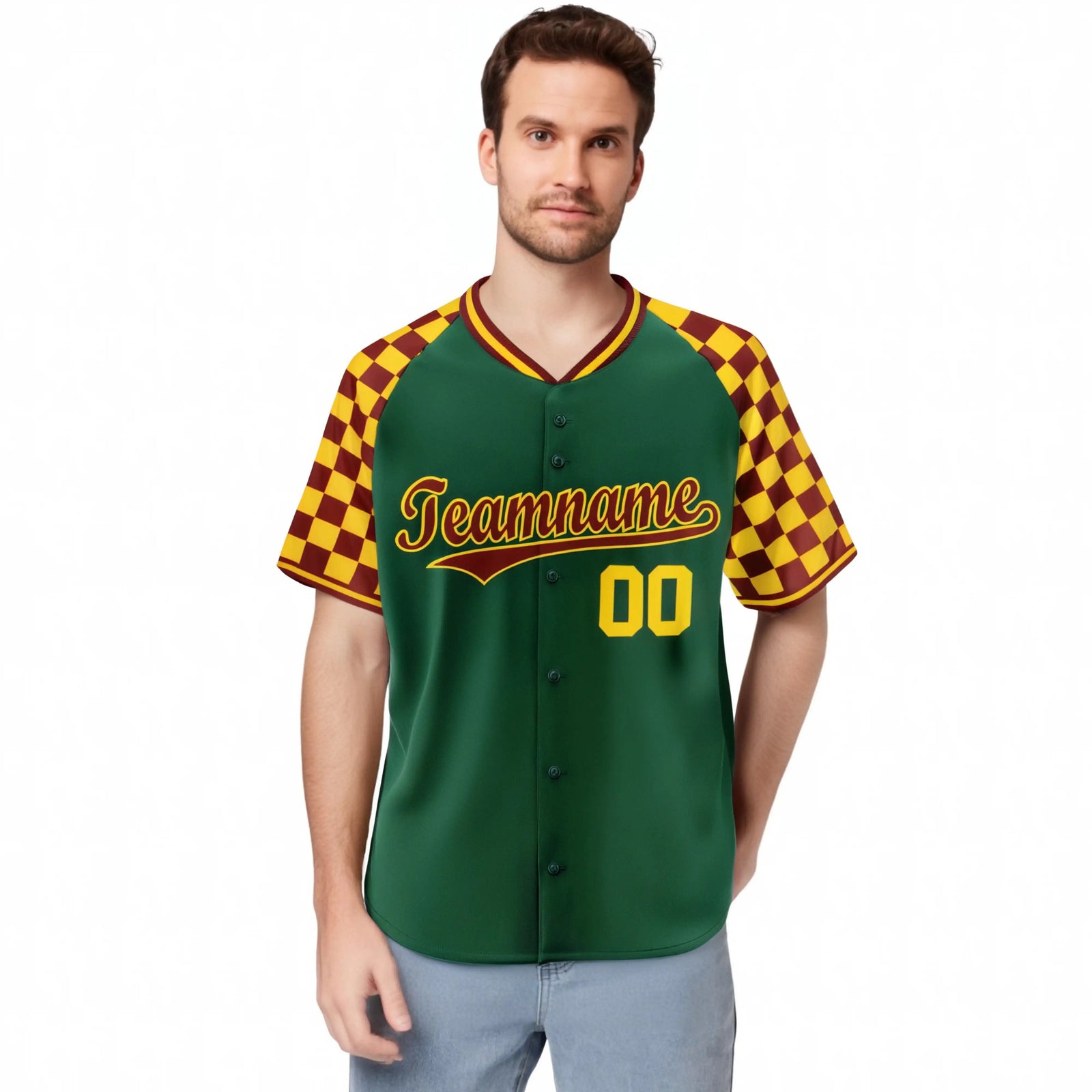 Custom Green Crimson-Gold Authentic Plaid Sleeve Baseball Jersey