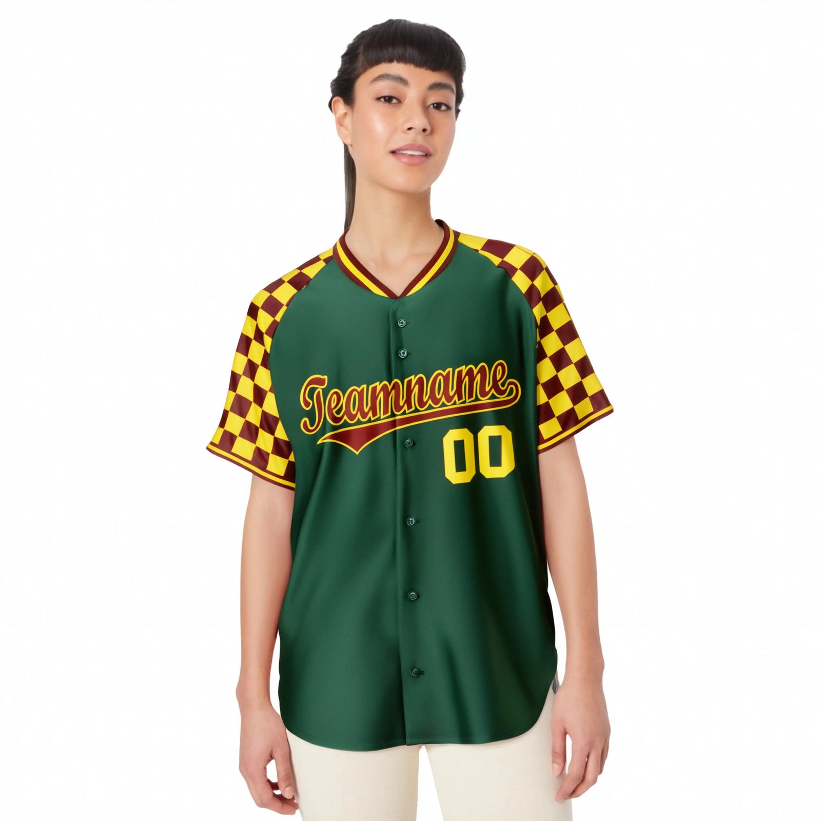 Custom Green Crimson-Gold Authentic Plaid Sleeve Baseball Jersey