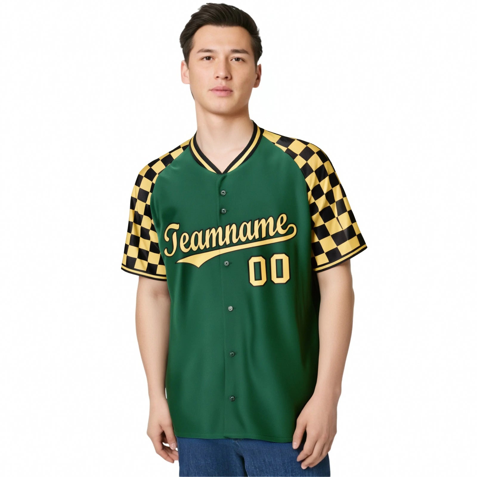 Custom Green Old Gold-Black Authentic Plaid Sleeve Baseball Jersey