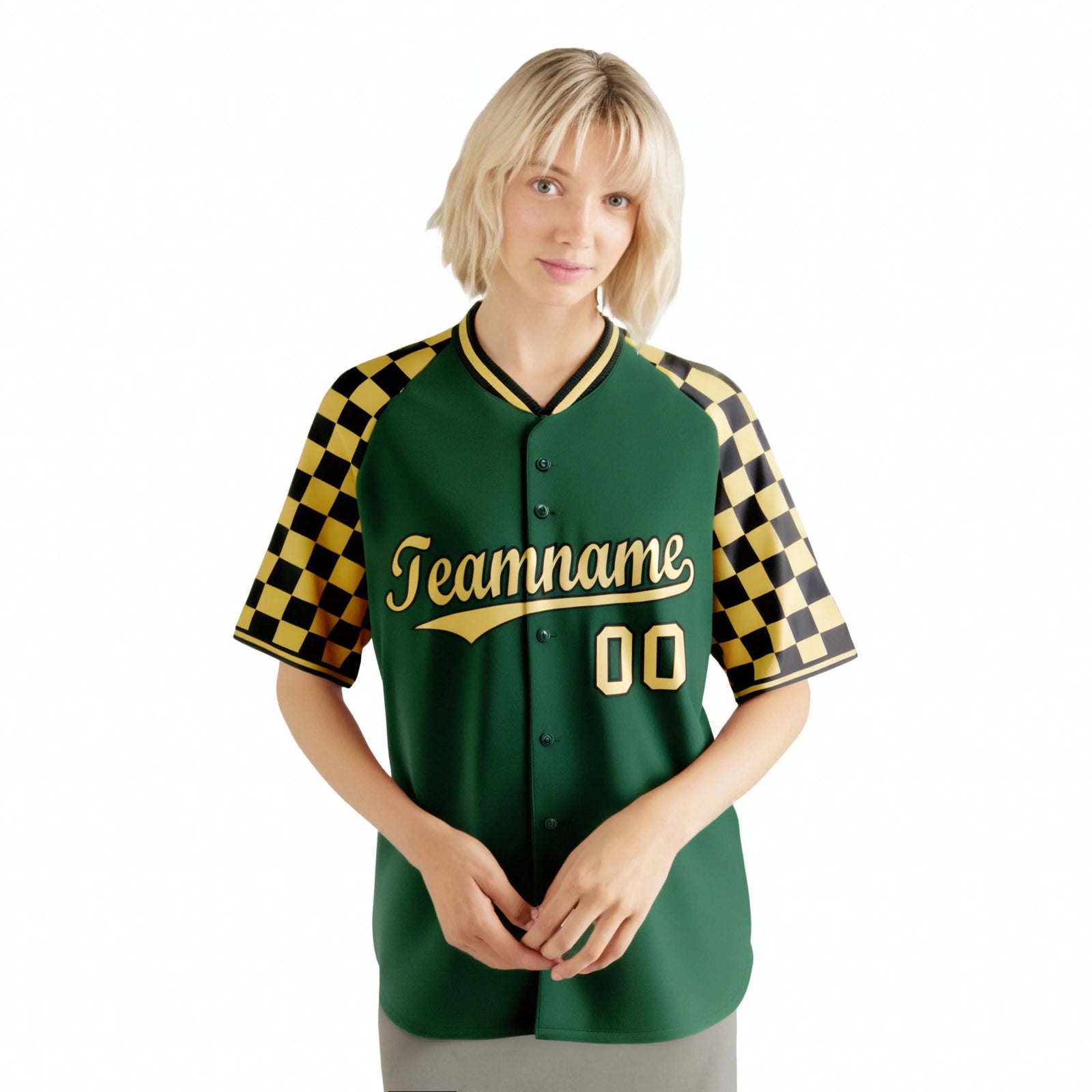 Custom Green Old Gold-Black Authentic Plaid Sleeve Baseball Jersey