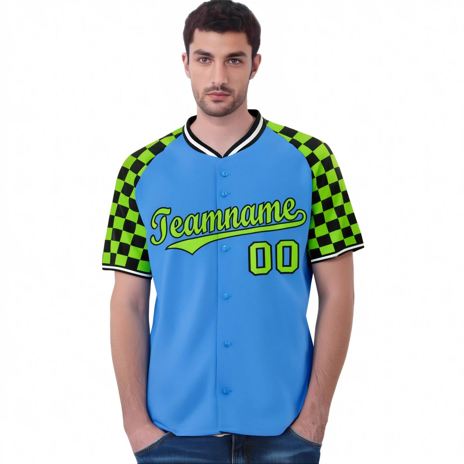 Custom Powder Blue-Neon Green Black Authentic Plaid Sleeve Baseball Jersey