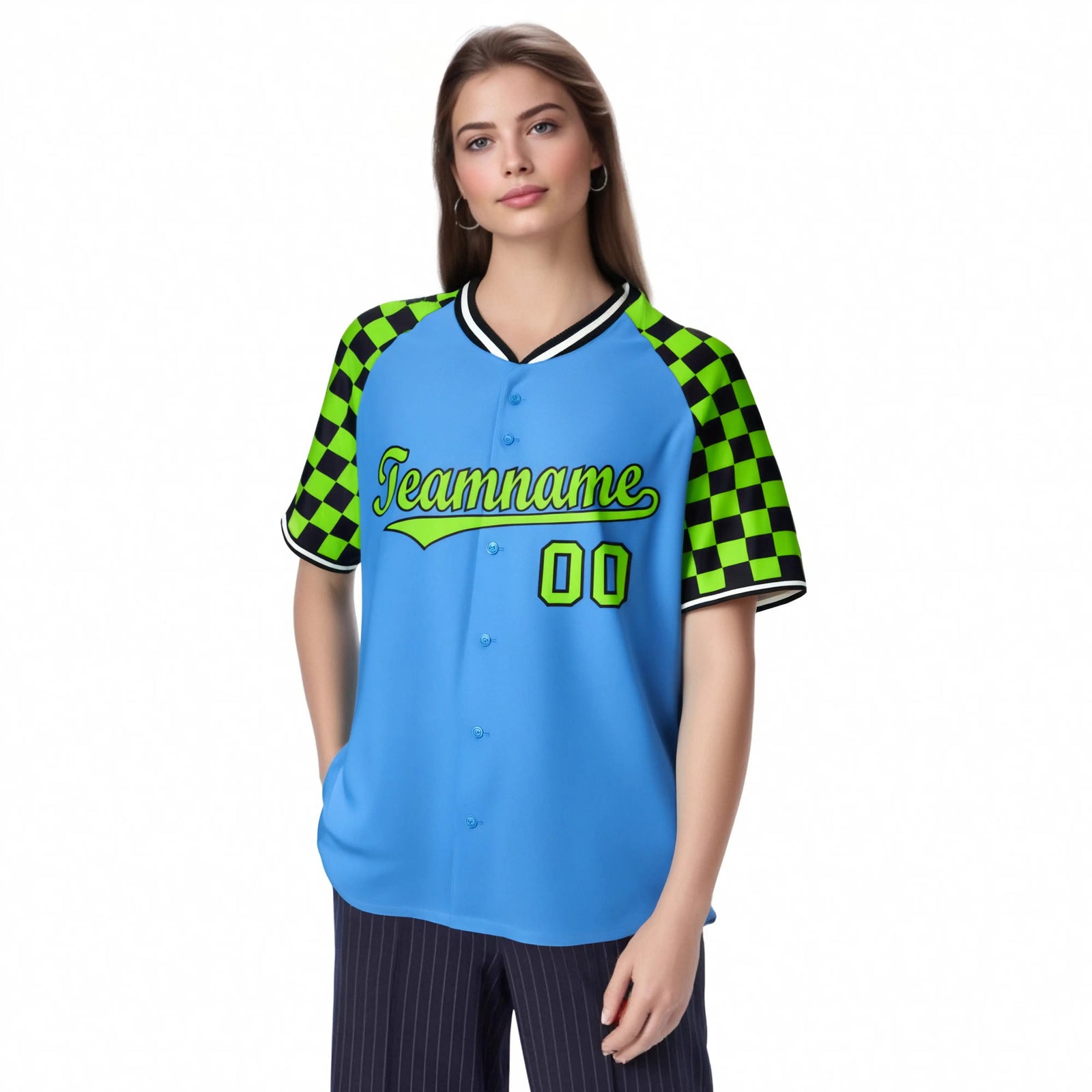 Custom Powder Blue-Neon Green Black Authentic Plaid Sleeve Baseball Jersey