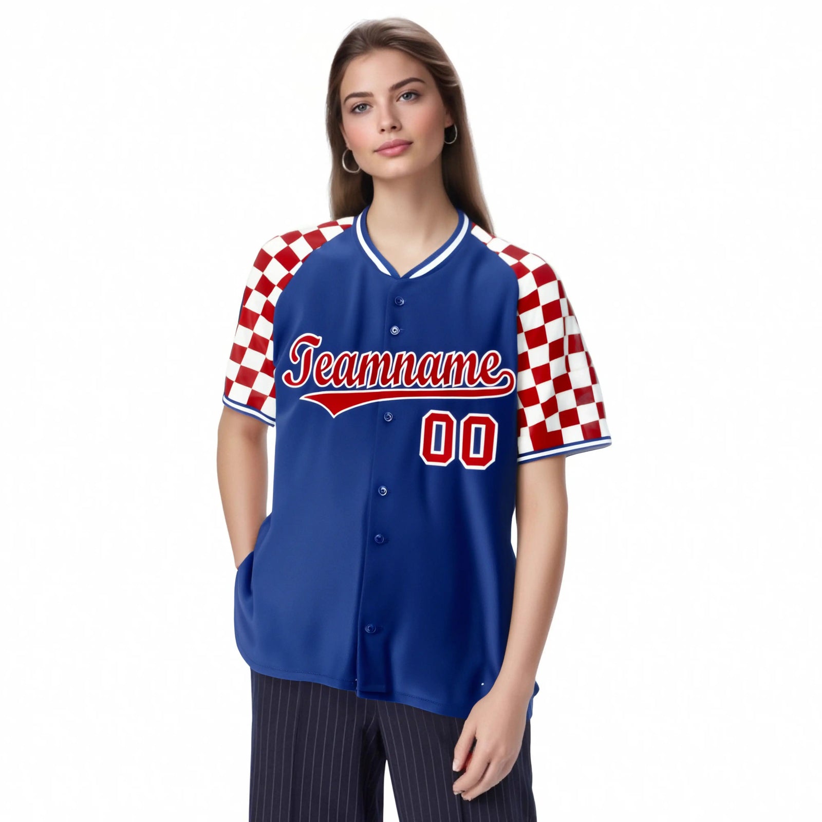 Custom Royal Blue Red-White Authentic Plaid Sleeve Baseball Jersey
