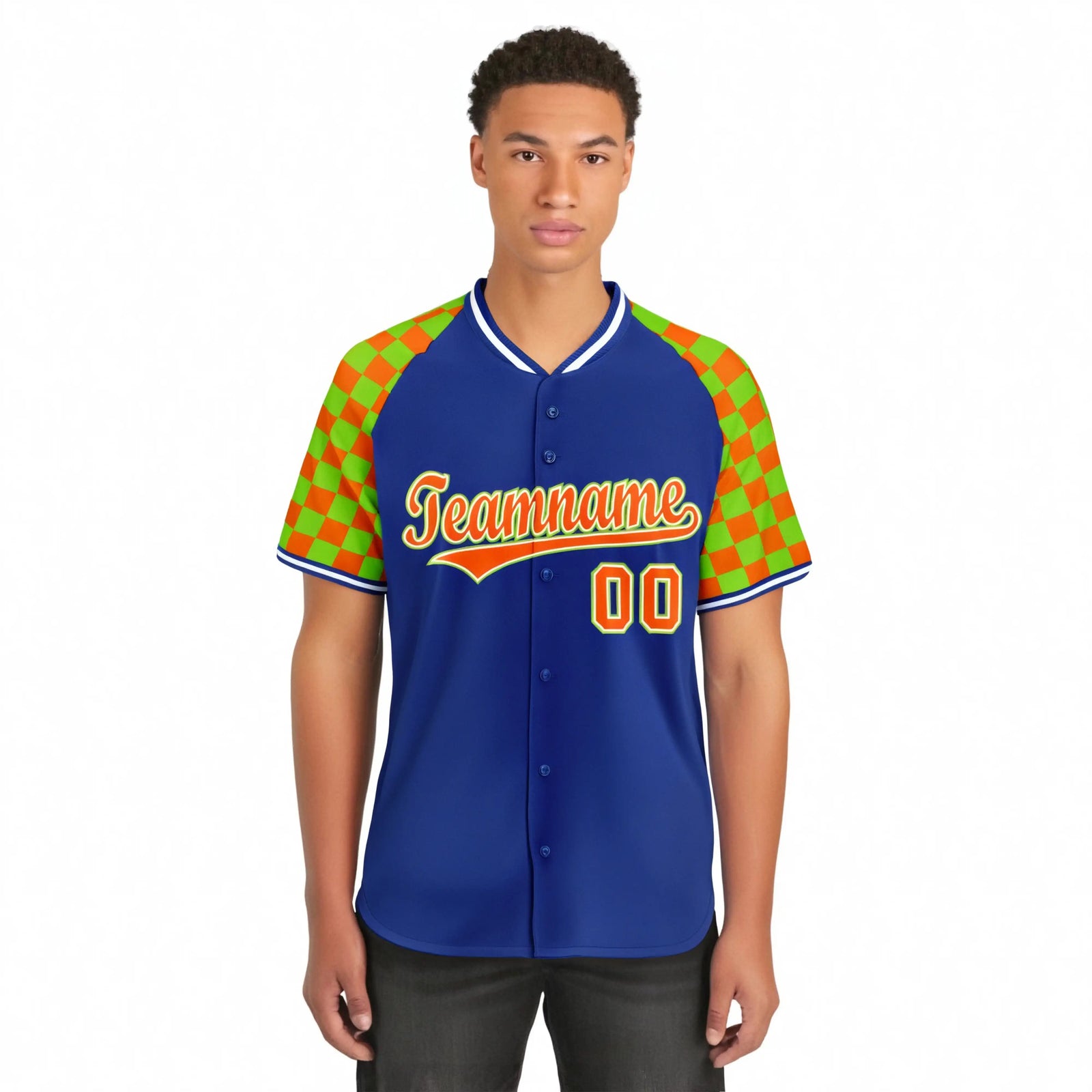 Custom Royal Blue Orange-Neon Green Authentic Plaid Sleeve Baseball Jersey