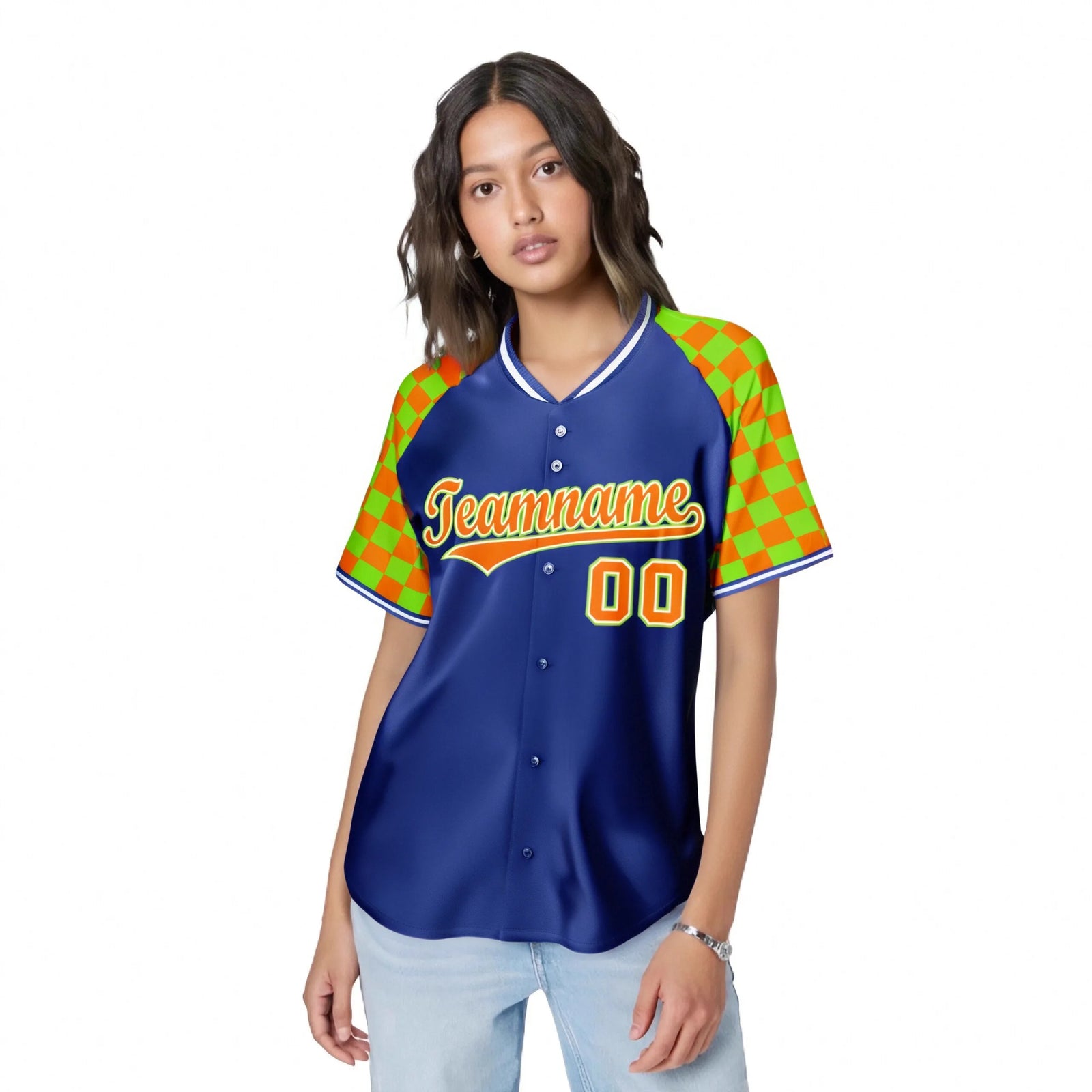 Custom Royal Blue Orange-Neon Green Authentic Plaid Sleeve Baseball Jersey