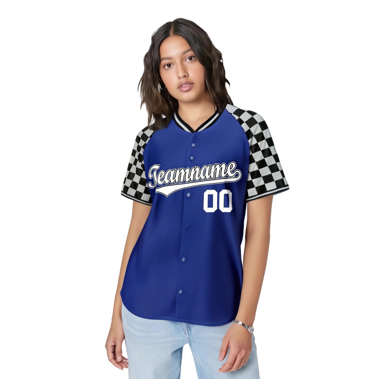 Custom Royal Blue Black-Gray Authentic Plaid Sleeve Baseball Jersey