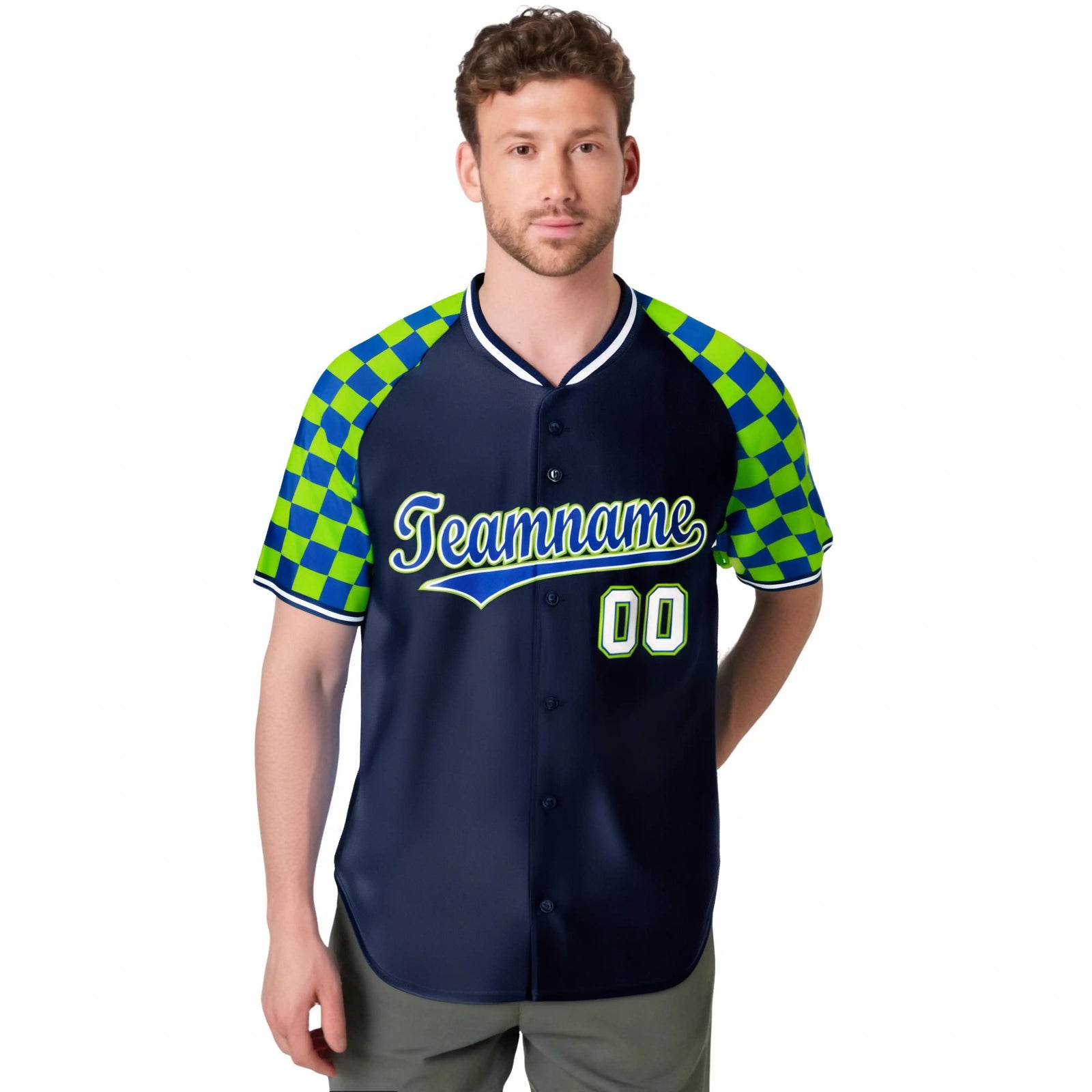 Custom Navy Neon Green-Royal Blue Authentic Plaid Sleeve Baseball Jersey
