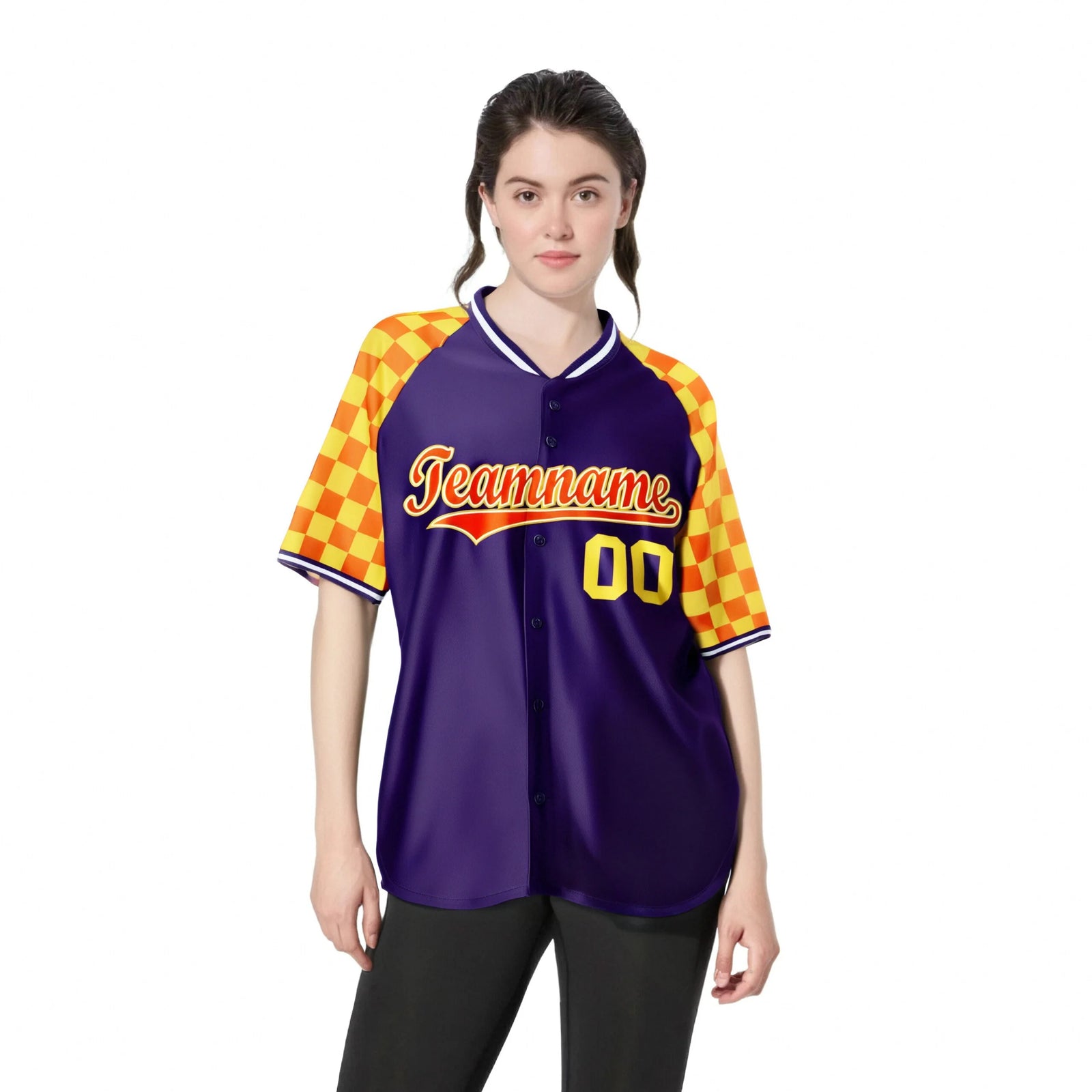 Custom Purple Orange-Gold Authentic Plaid Sleeve Baseball Jersey