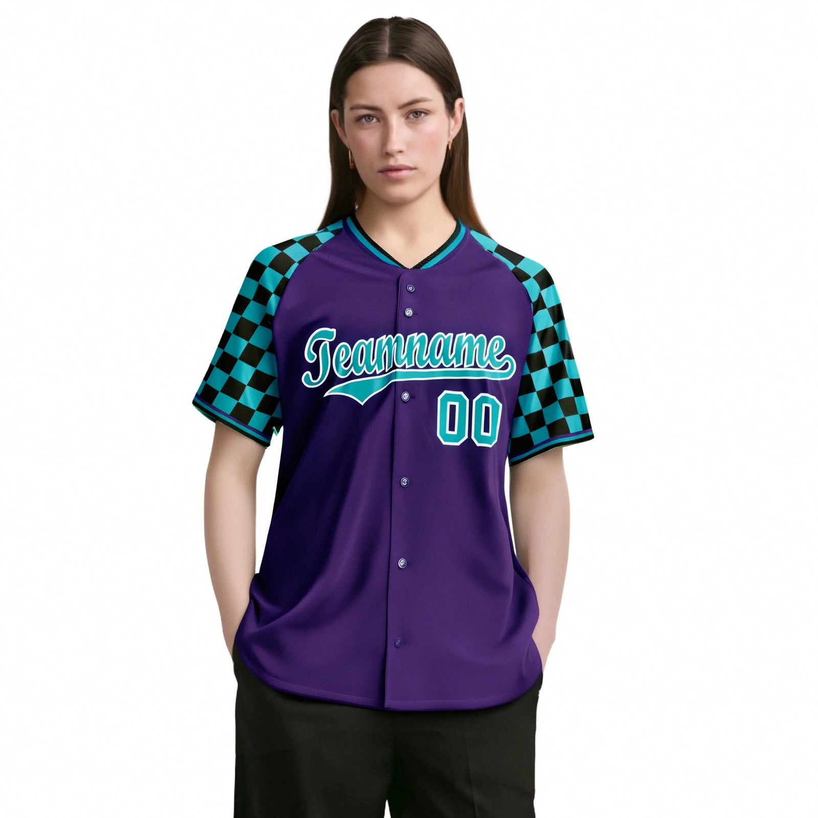 Custom Purple Aqua-Black Authentic Plaid Sleeve Baseball Jersey