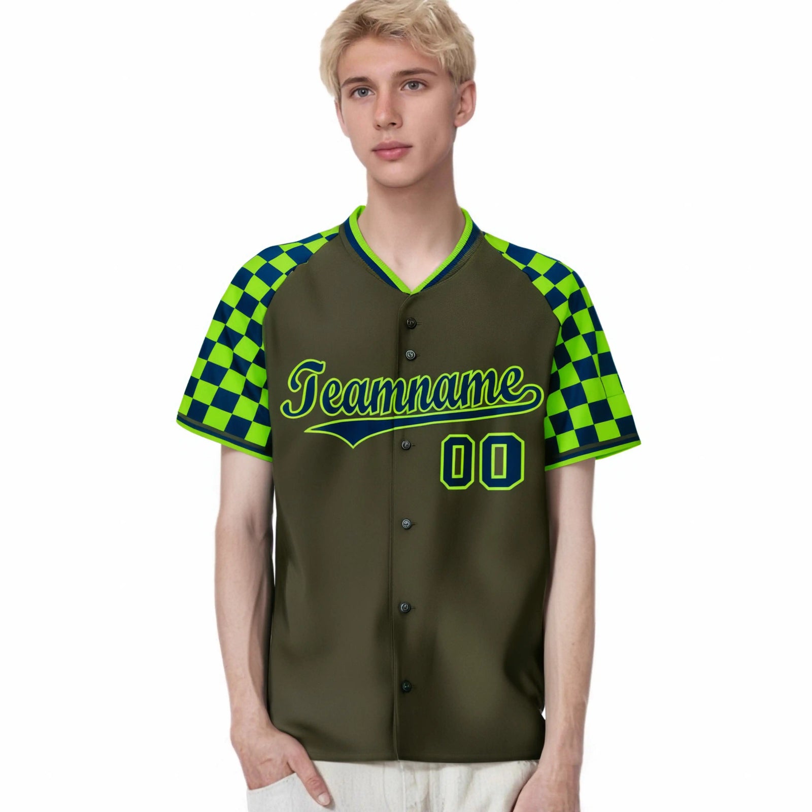Custom Olive Neon Green-Navy Authentic Plaid Sleeve Baseball Jersey