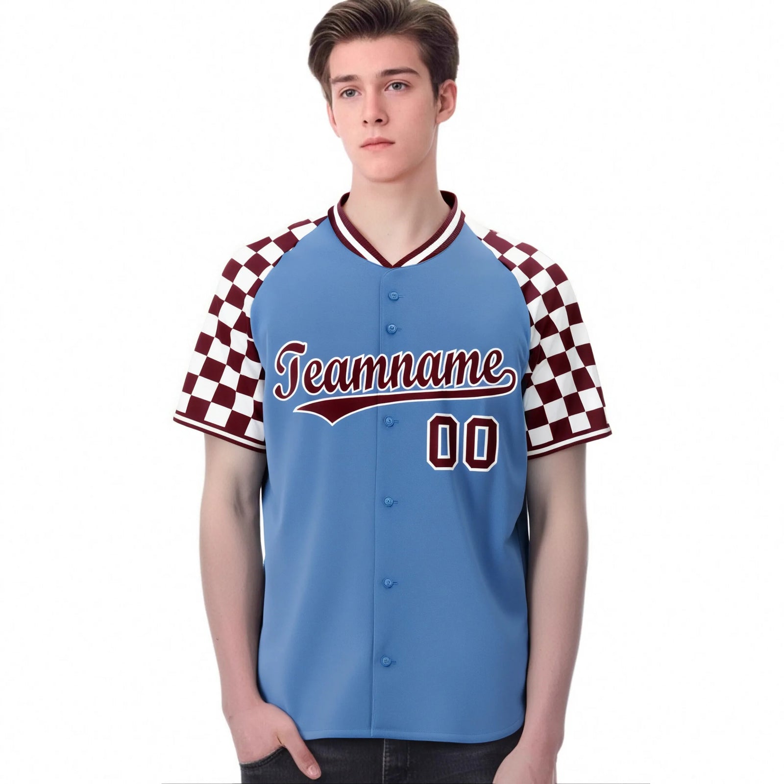 Custom Light Blue Crimson-White Authentic Plaid Sleeve Baseball Jersey