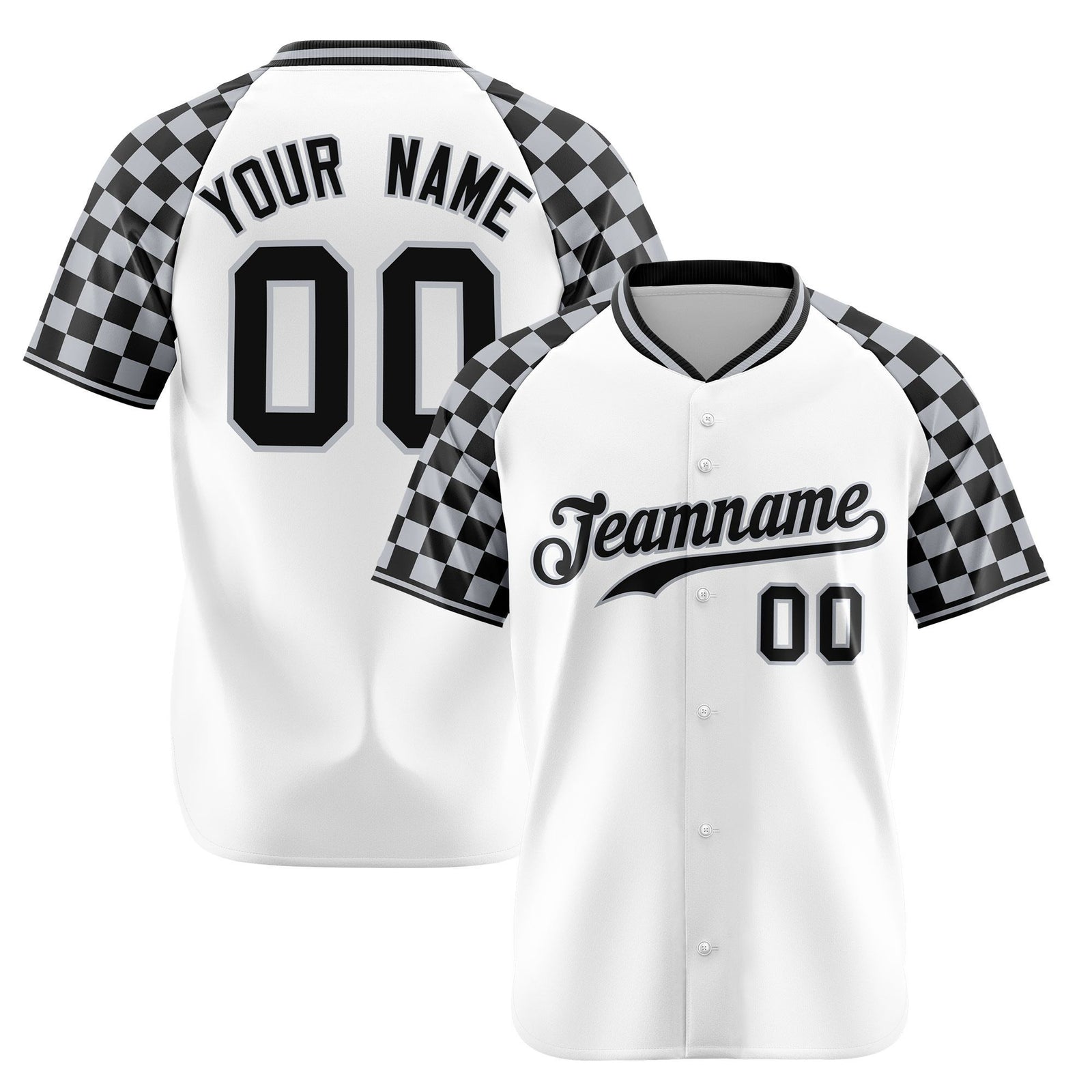 Custom White Gray-Black Authentic Plaid sleeve Baseball Jersey