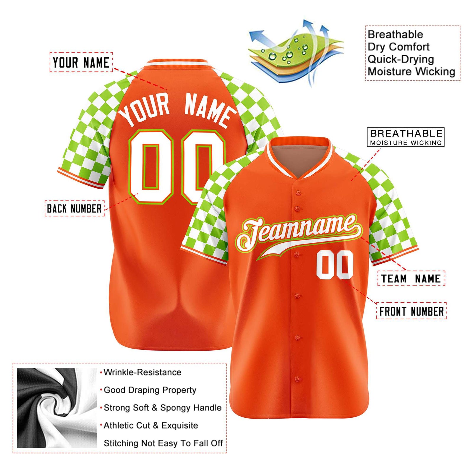 Custom Orange White-Neon Green Authentic Plaid Sleeve Baseball Jersey