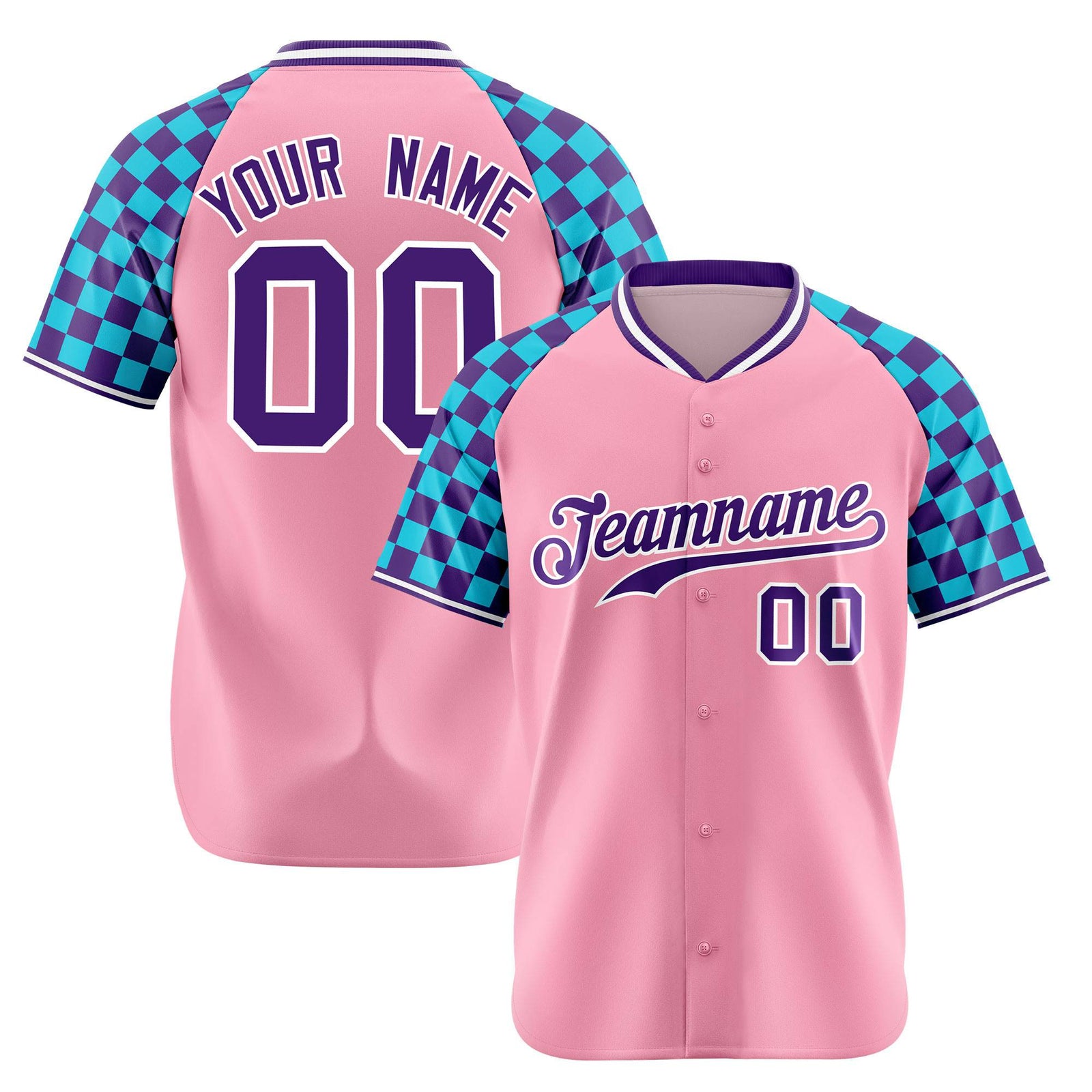 Custom Light Pink Purple-Sky Blue Authentic Plaid Sleeve Baseball Jersey