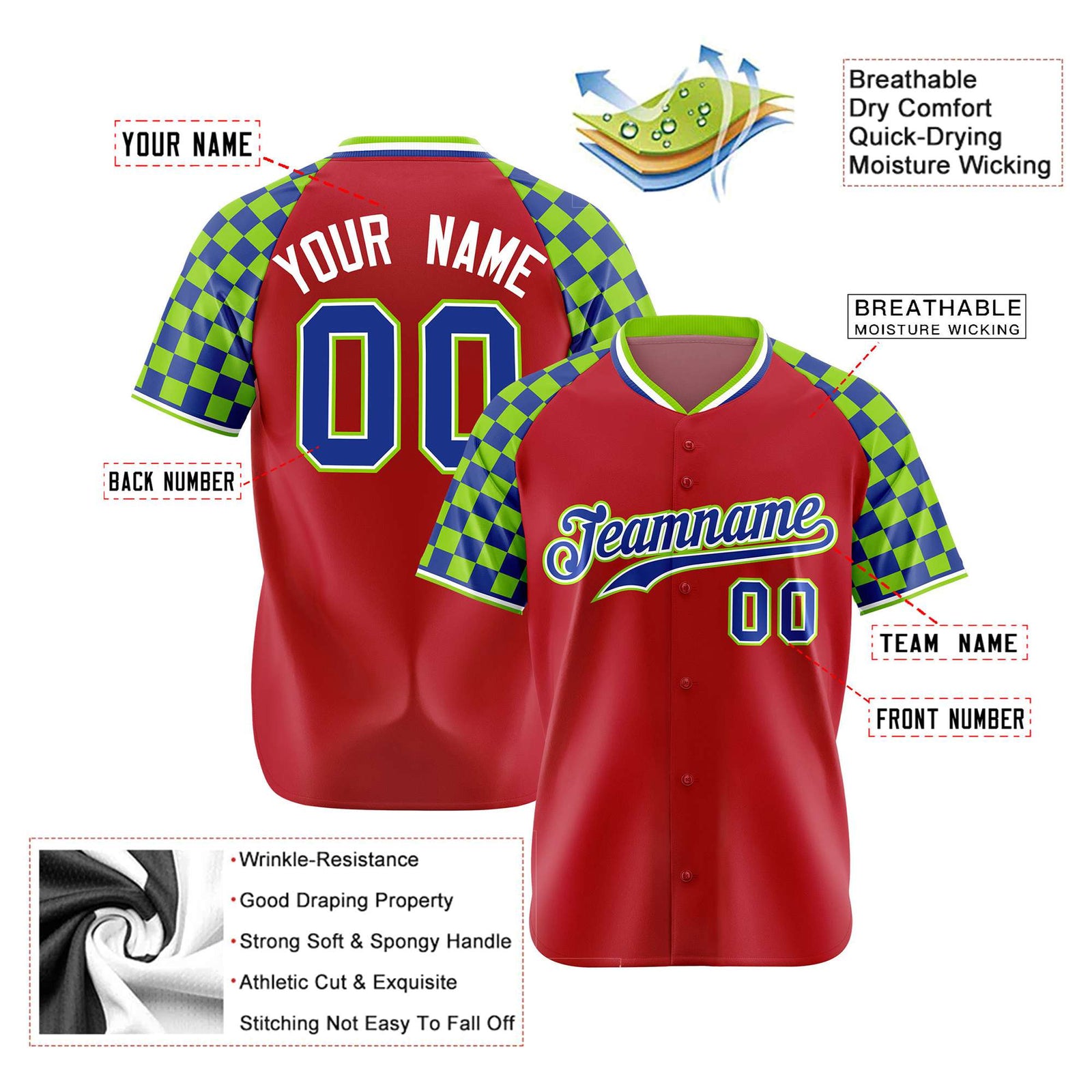 Custom Red Royal Blue-Neon Green Authentic Plaid Sleeve Baseball Jersey