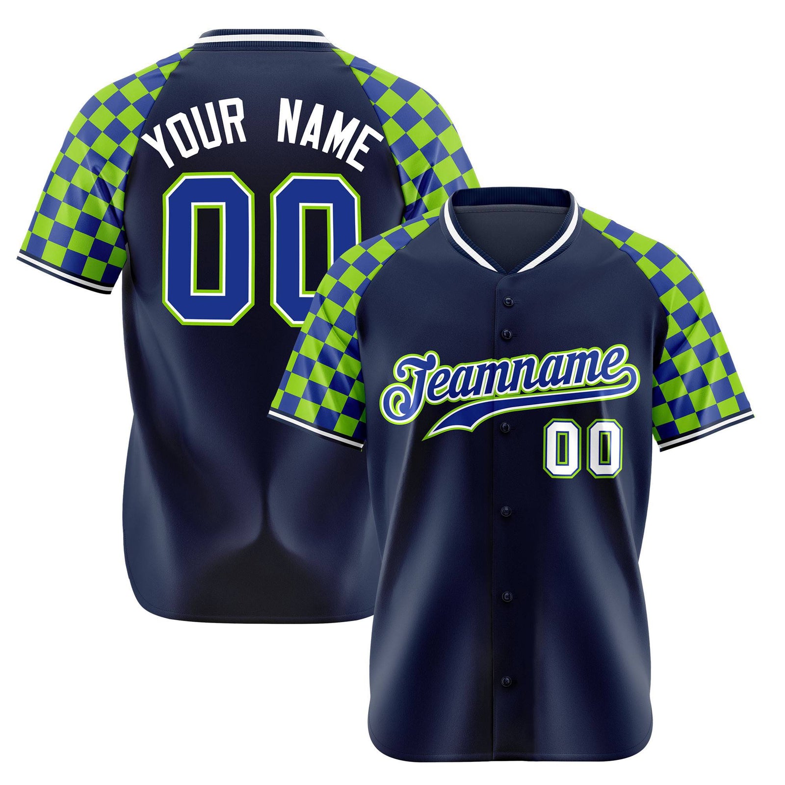 Custom Navy Neon Green-Royal Blue Authentic Plaid Sleeve Baseball Jersey