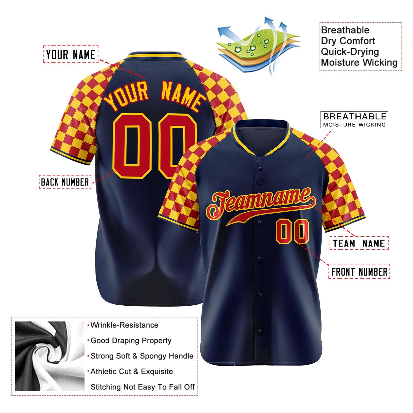 Custom Navy Red-Gold Authentic Plaid Sleeve Baseball Jersey