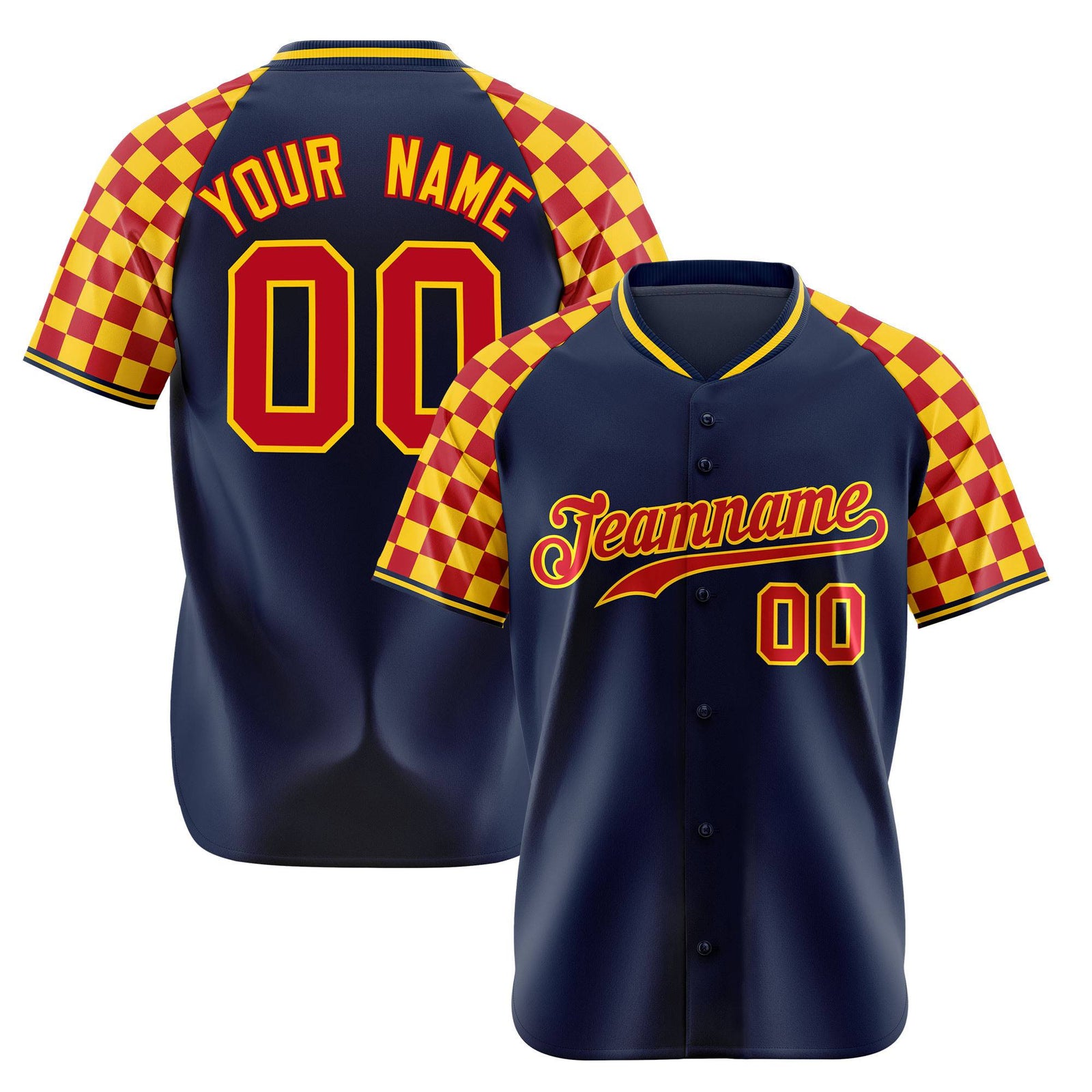 Custom Navy Red-Gold Authentic Plaid Sleeve Baseball Jersey